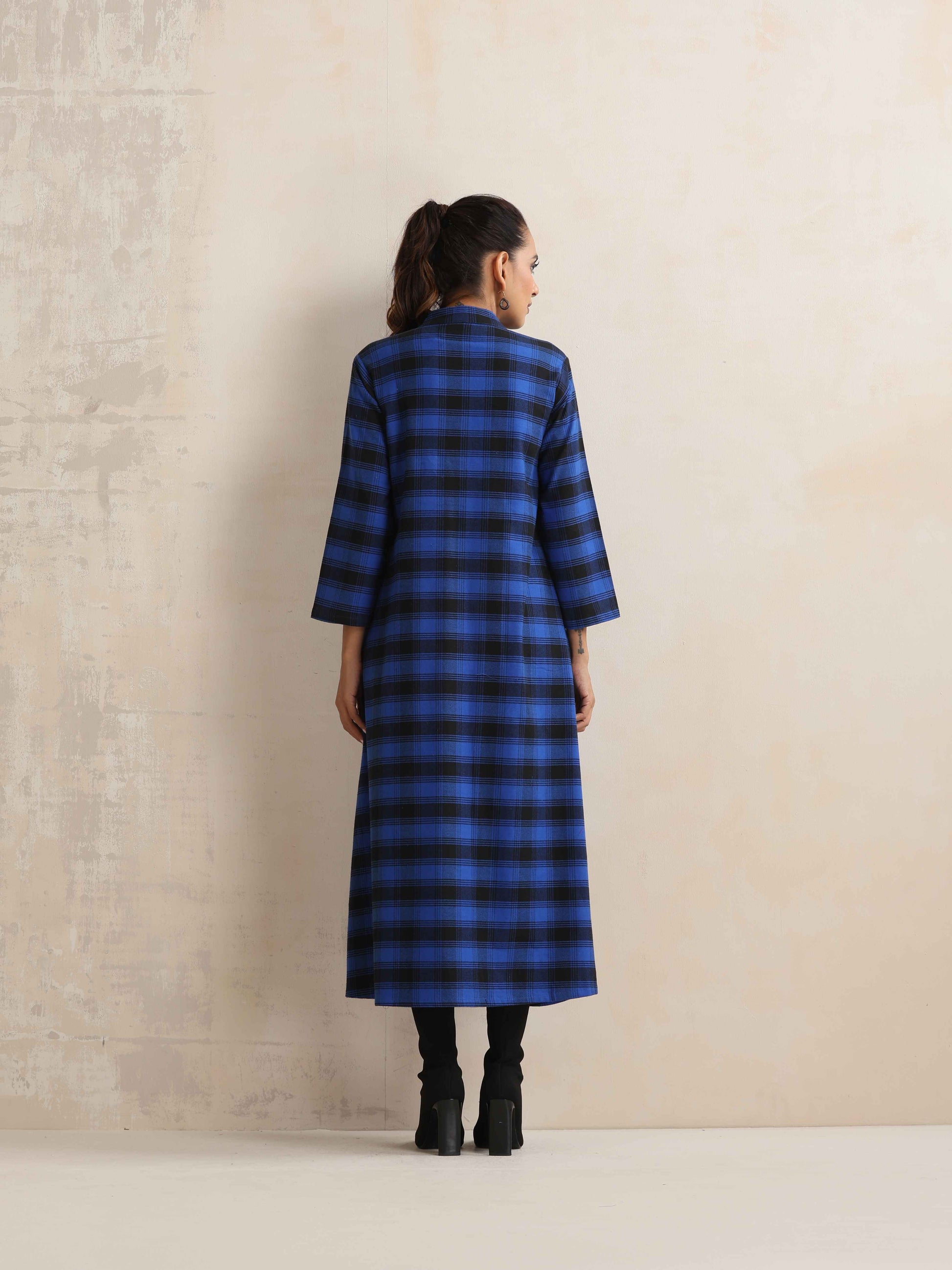trueBrowns Blue Check Flared Winter Dress | Swadesiicart