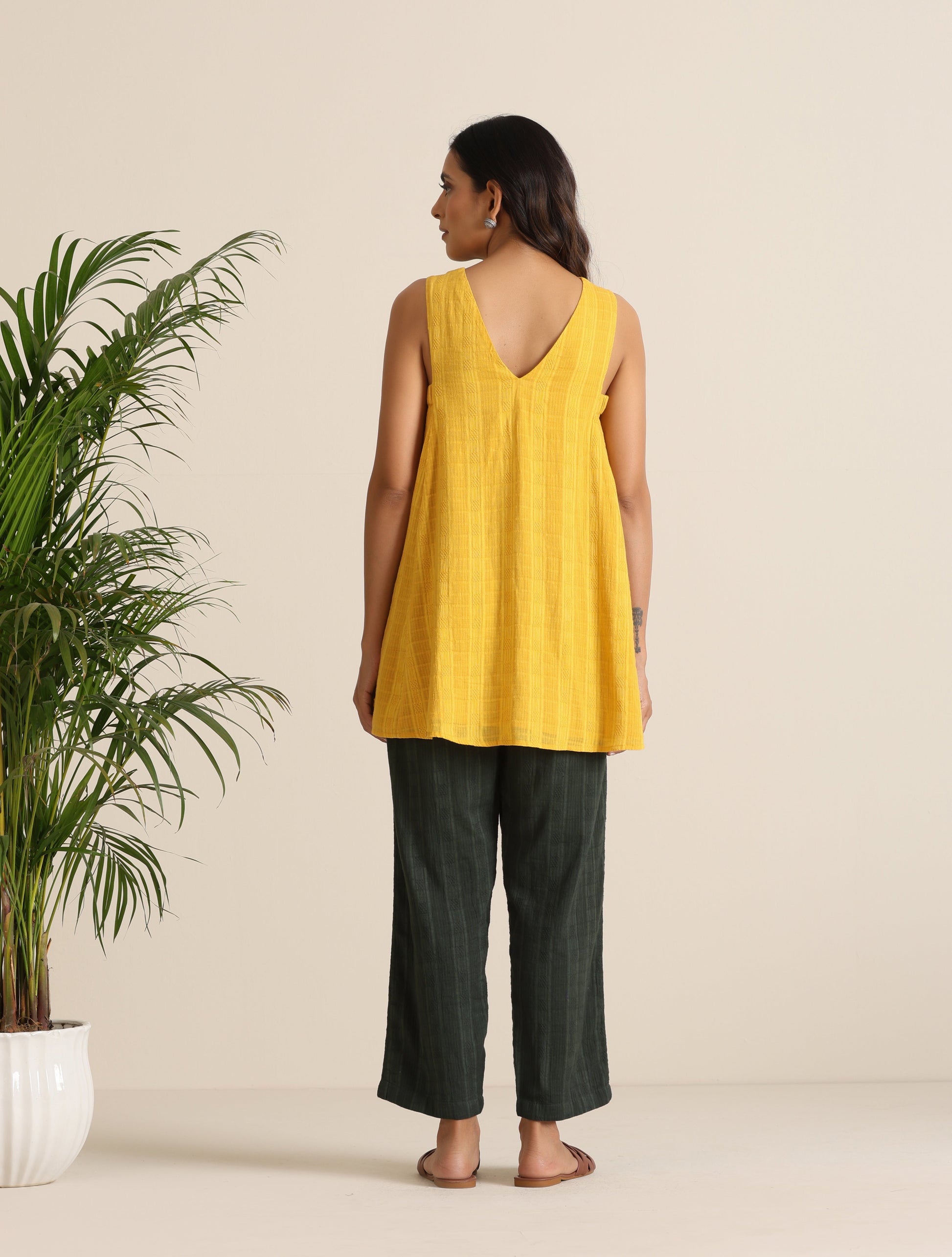 trueBrowns Mustard Cotton Dobby Sleeveless Co-ord Set - Swadesiicart