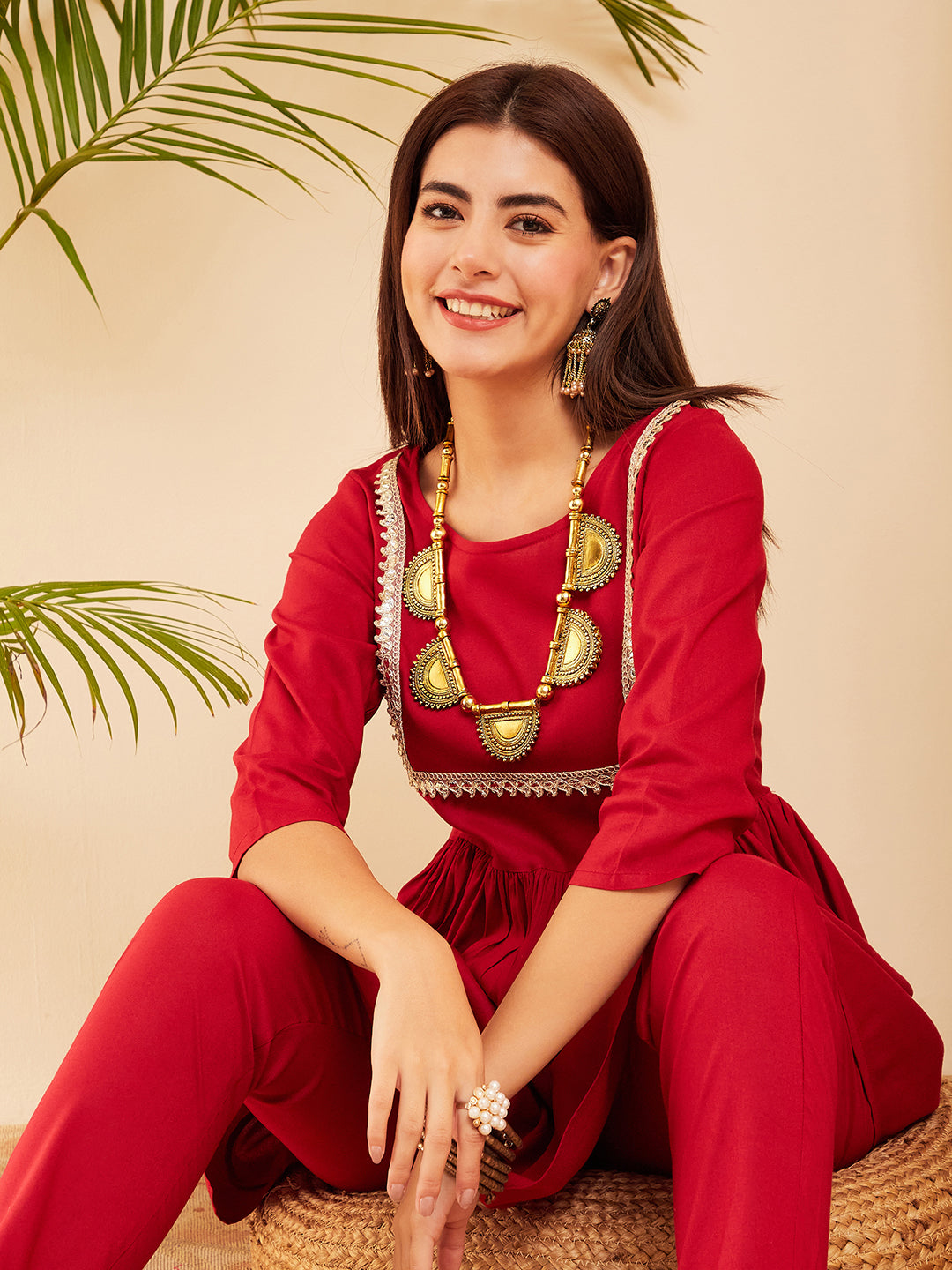 InWeave Women's Maroon Round Neck Square Gota Work Kurta Pant Set - Swadesiicart