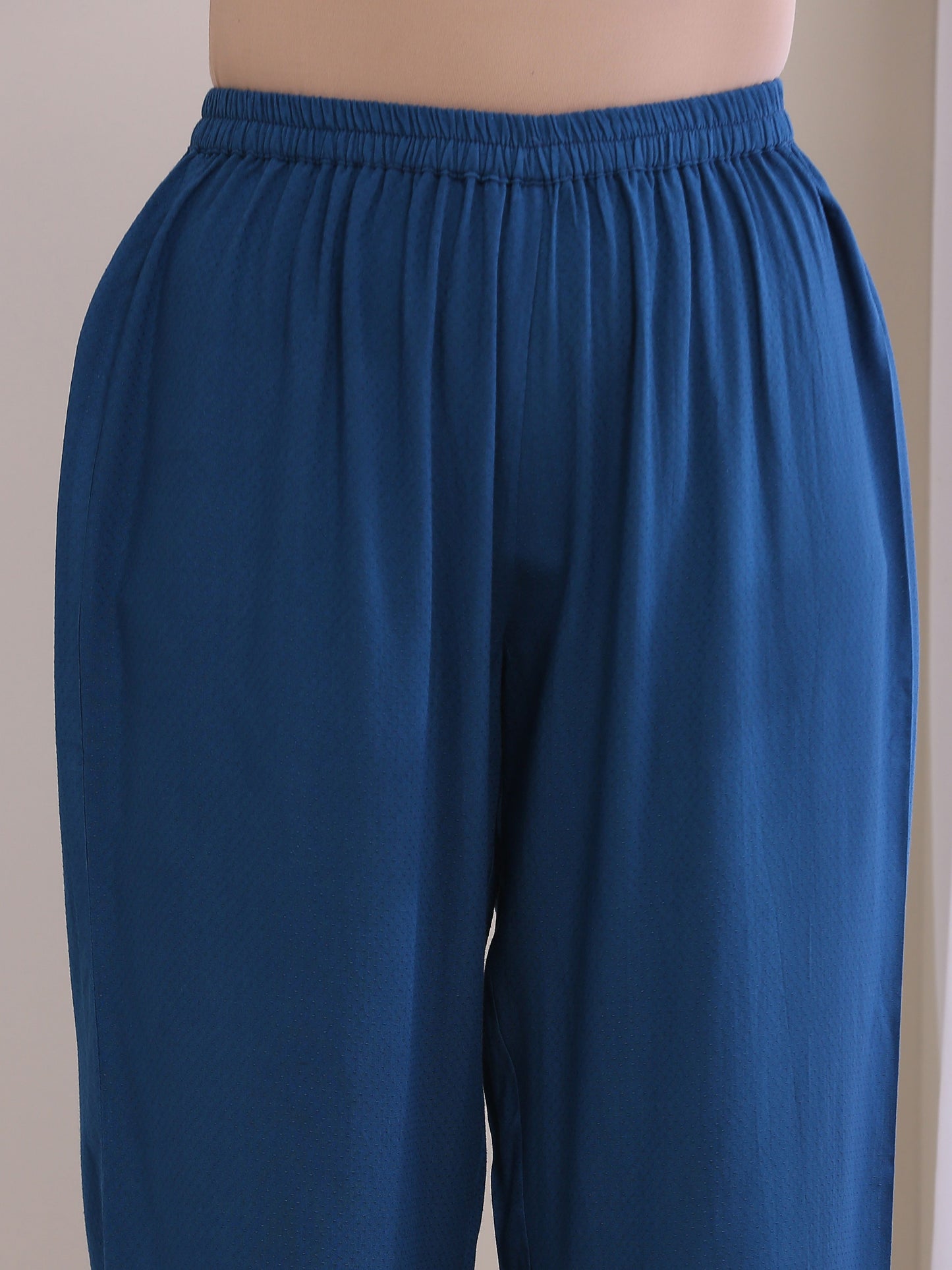trueBrowns Classic Blue Dobby High Slit Gathered Kurta Set | Swadesiicart