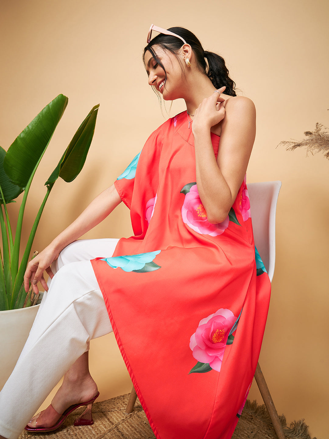 InWeave Women's Dark Orange Pink Blue Flower One Shoulder Kurta - Swadesiicart