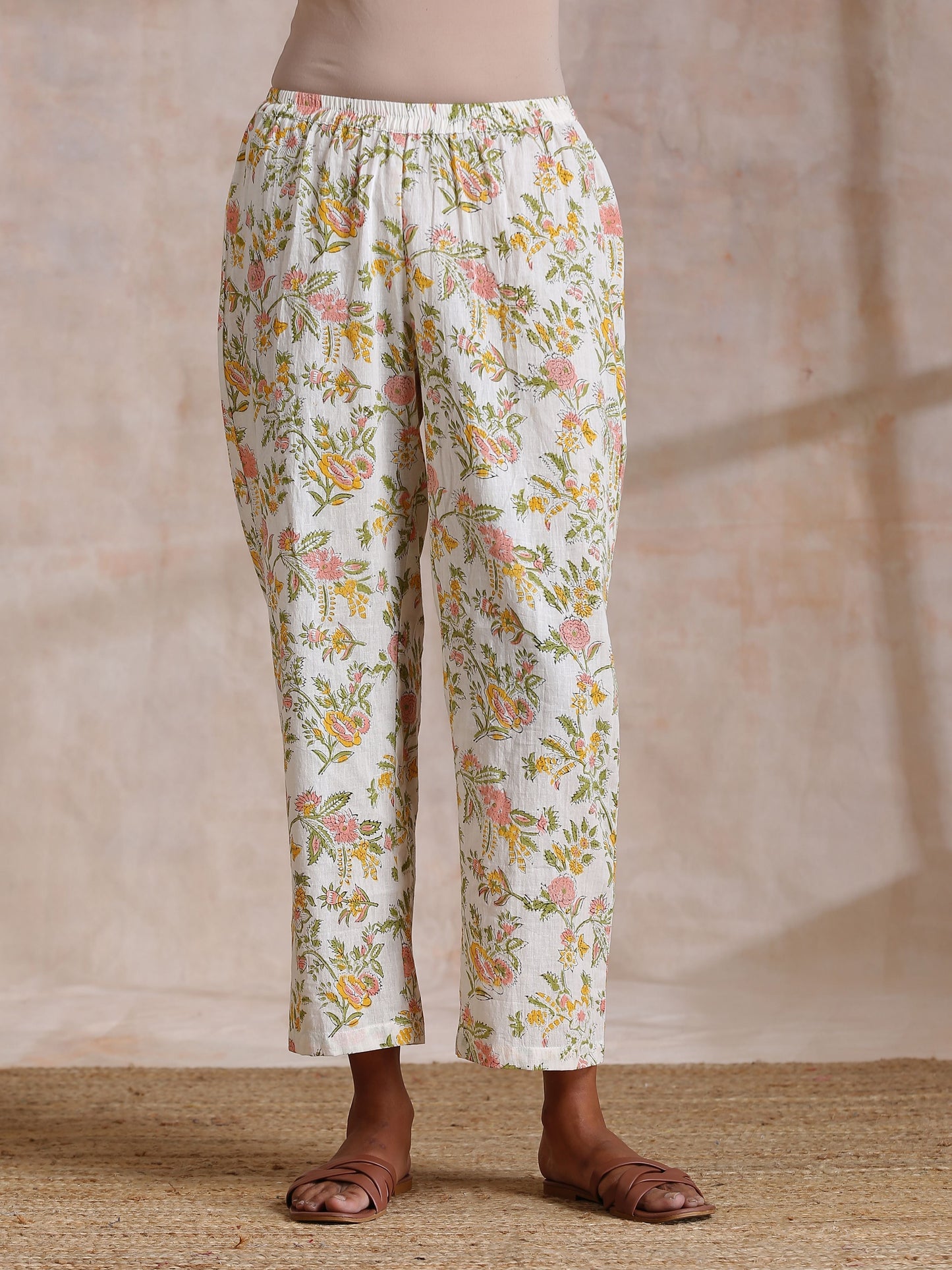 trueBrowns Pink Yellow Floral On White Block Print Cotton Panel Kaftan Kurta Pant Set | Swadesiicart