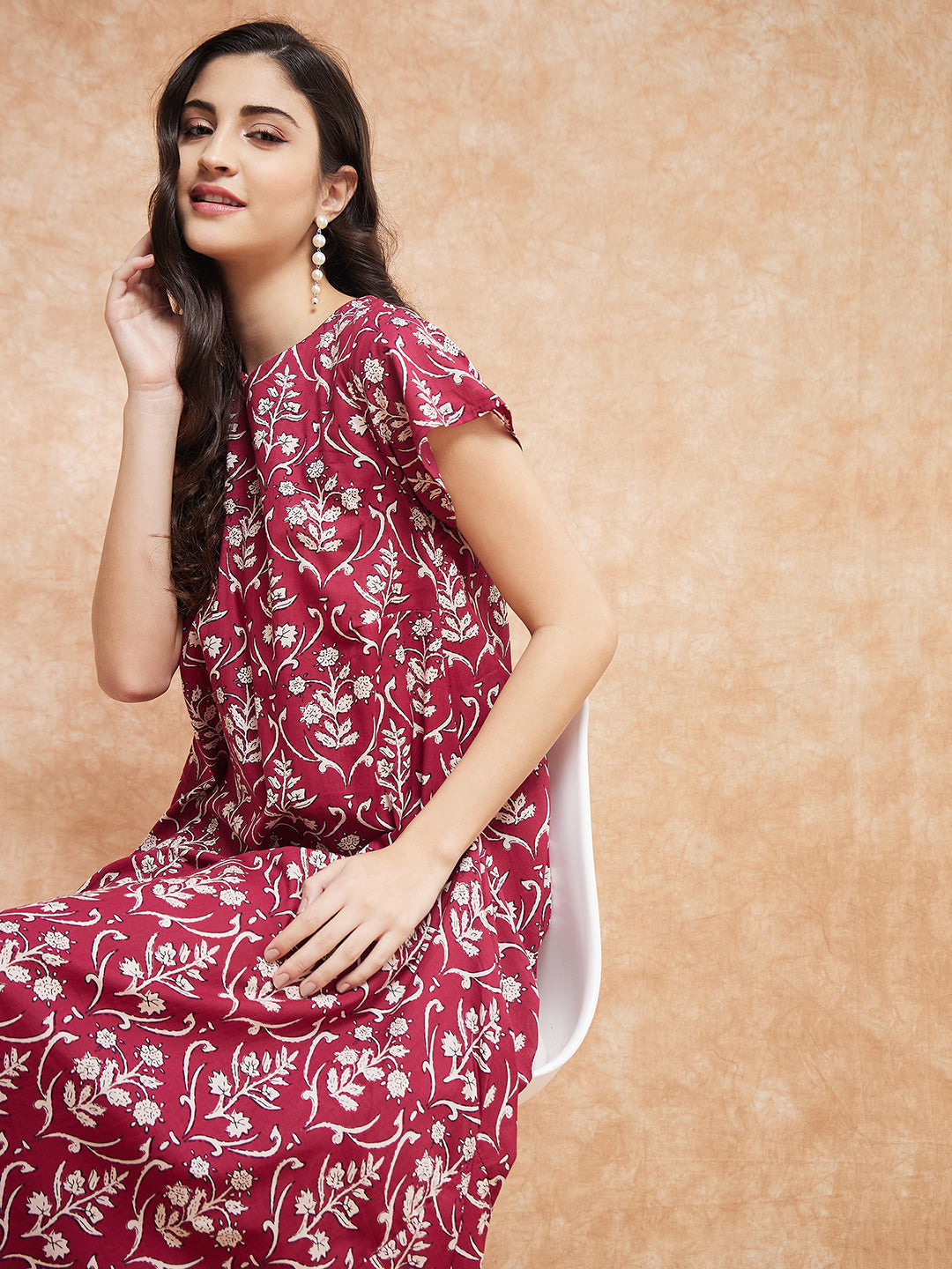 InWeave Women's Wine Cream Floral Print A Line Dress - Swadesiicart