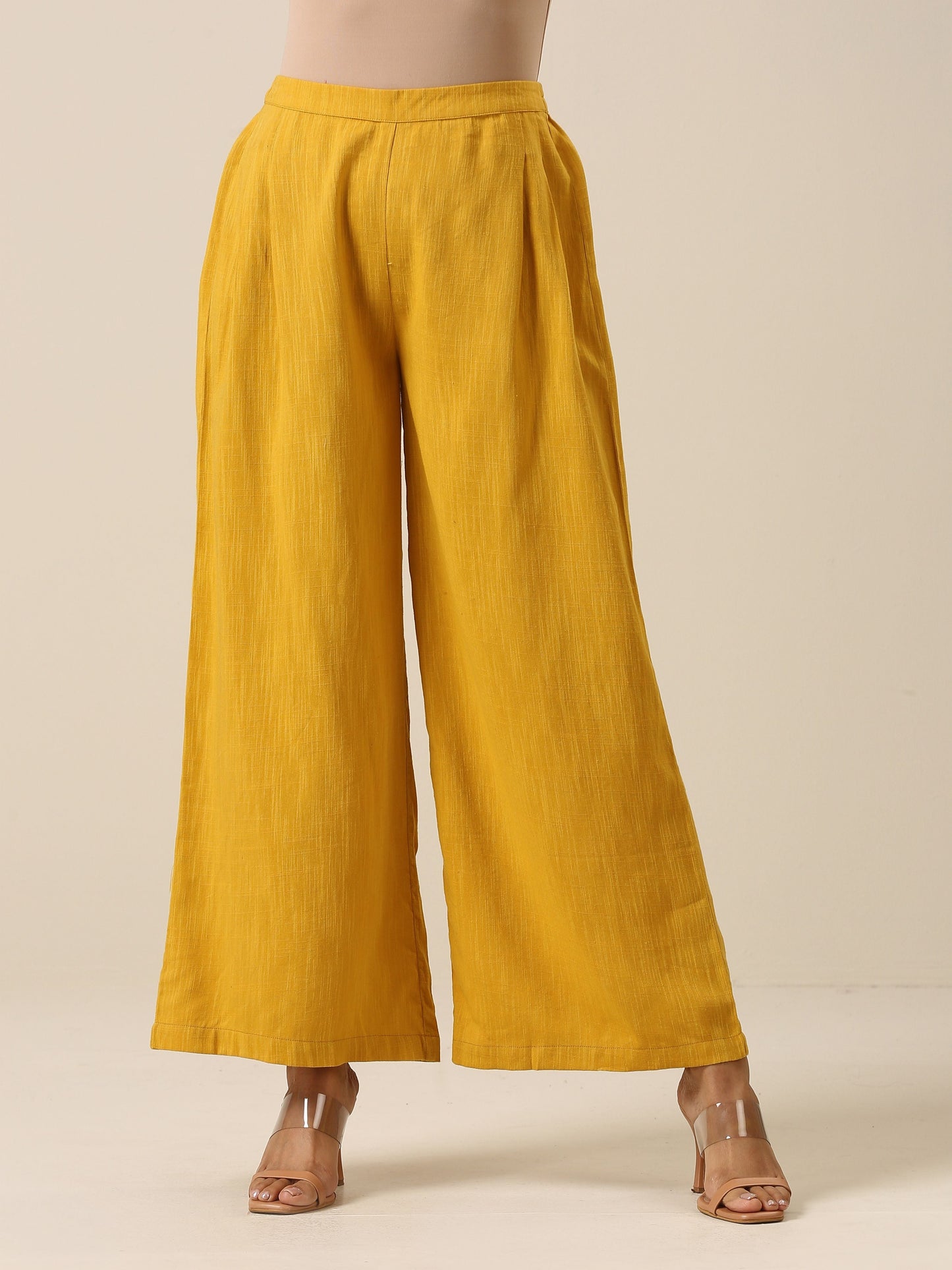 trueBrowns Mustard Yellow Slub Texture Sleevesless Jacket Pant Set | Swadesiicart