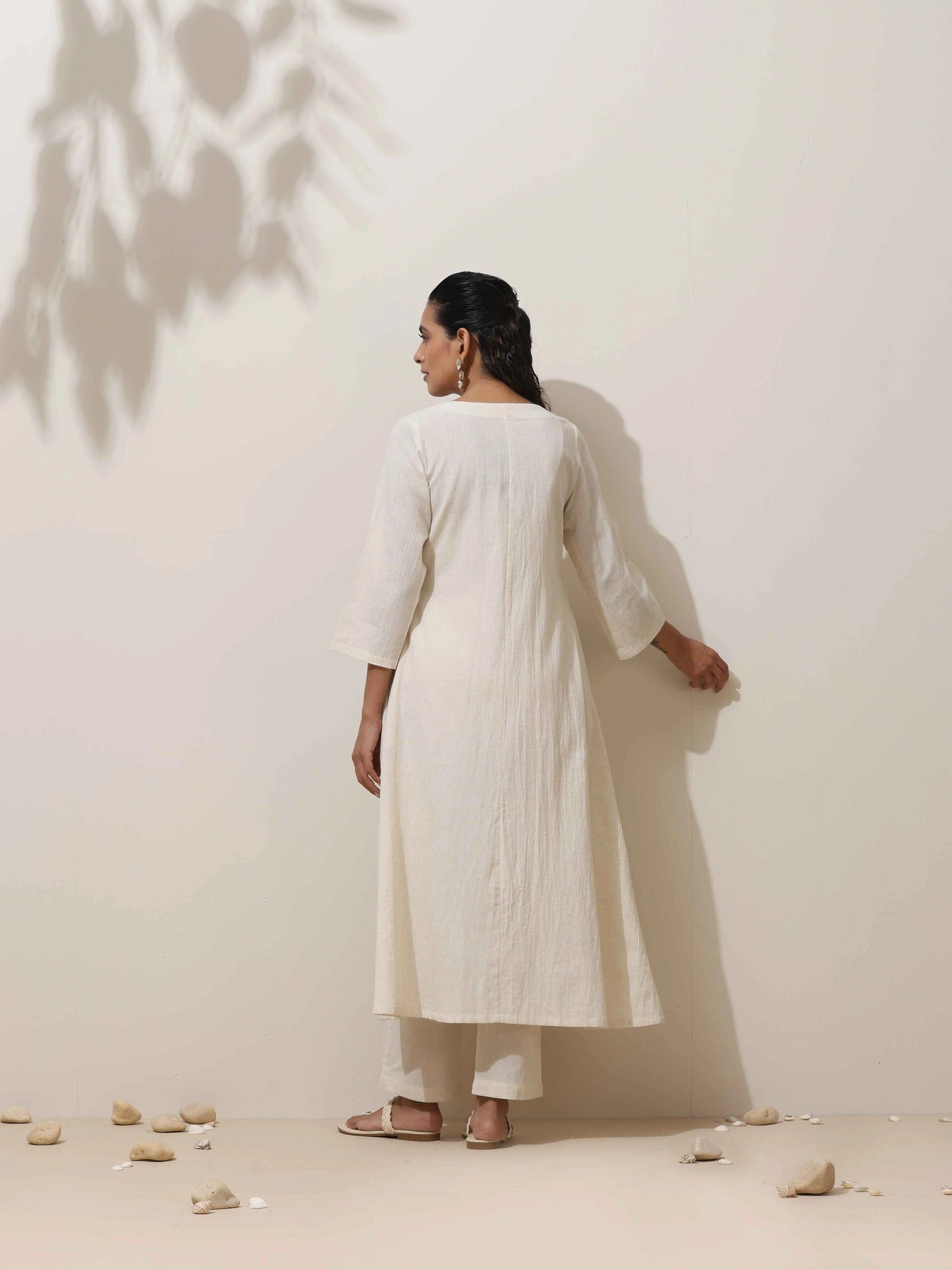 trueBrowns Off White Cotton Linen Angrakha Kurta Pant Set | Swadesiicart