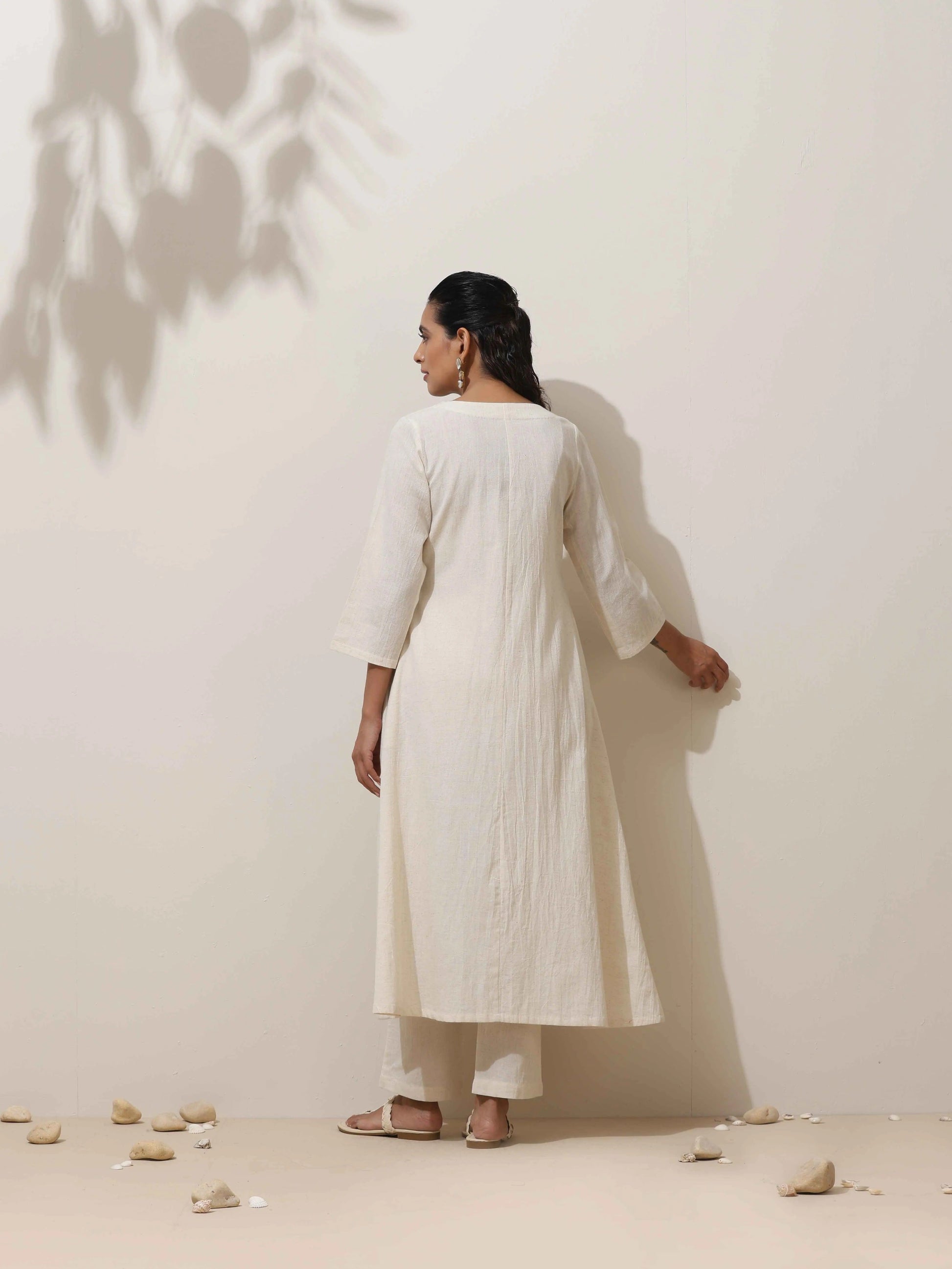 trueBrowns Off White Cotton Linen Angrakha Kurta Pant Set | Swadesiicart