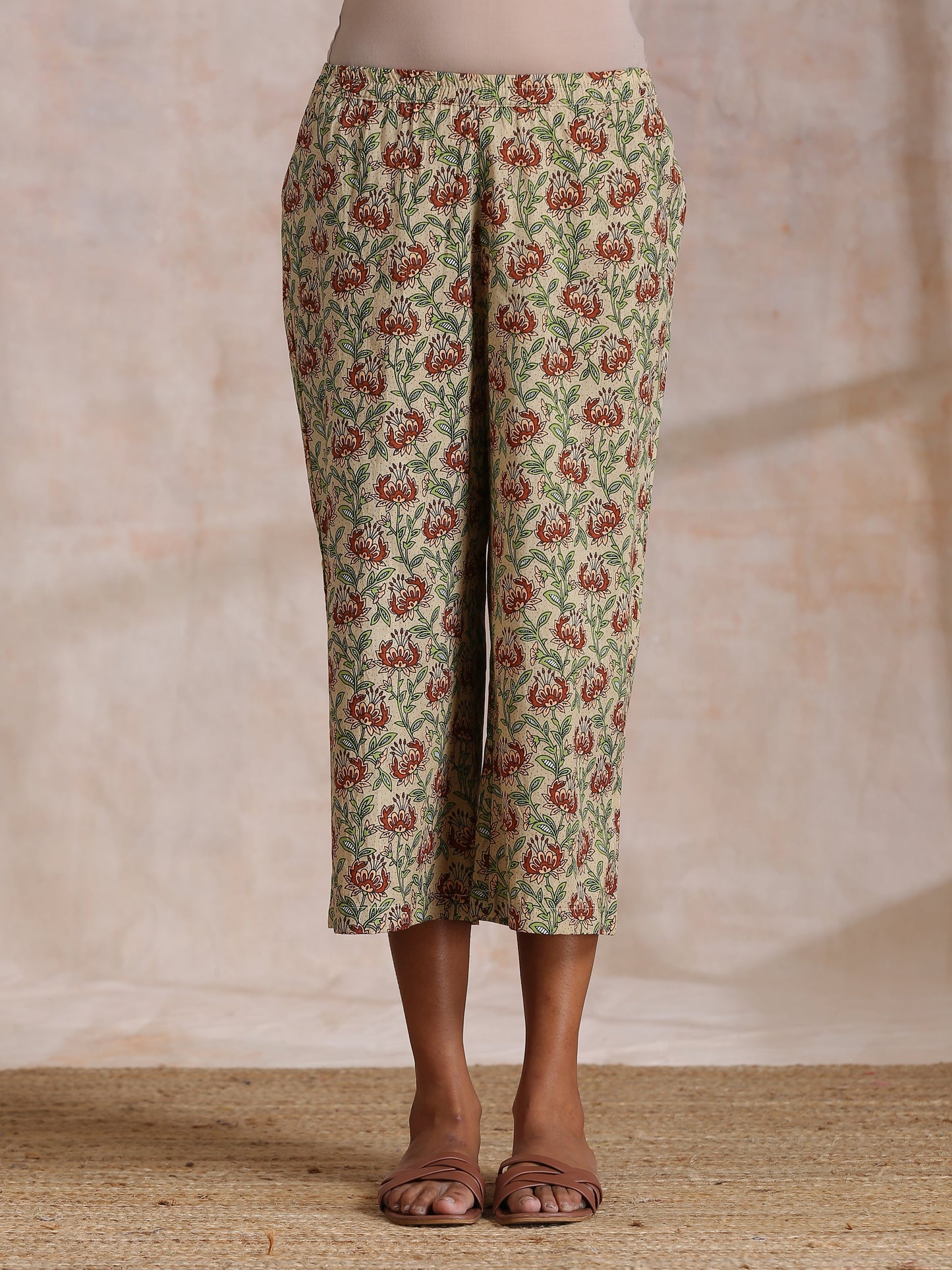 trueBrowns Beige Overall Brown Floral Block Print Cotton High-Low Co-Ord Set - Swadesiicart