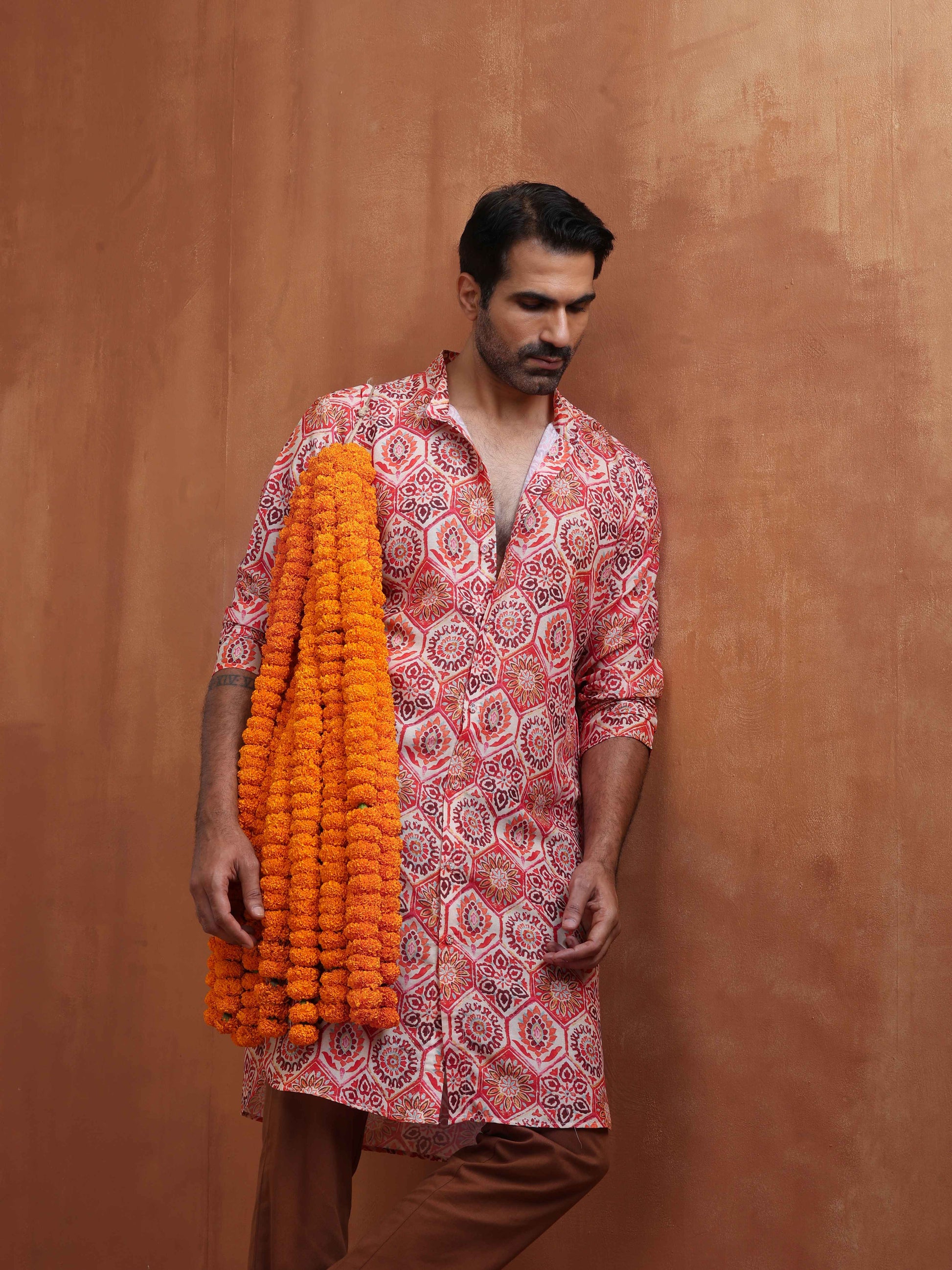 trueBrowns Men's Beige Printed Front Open Kurta | Swadesiicart