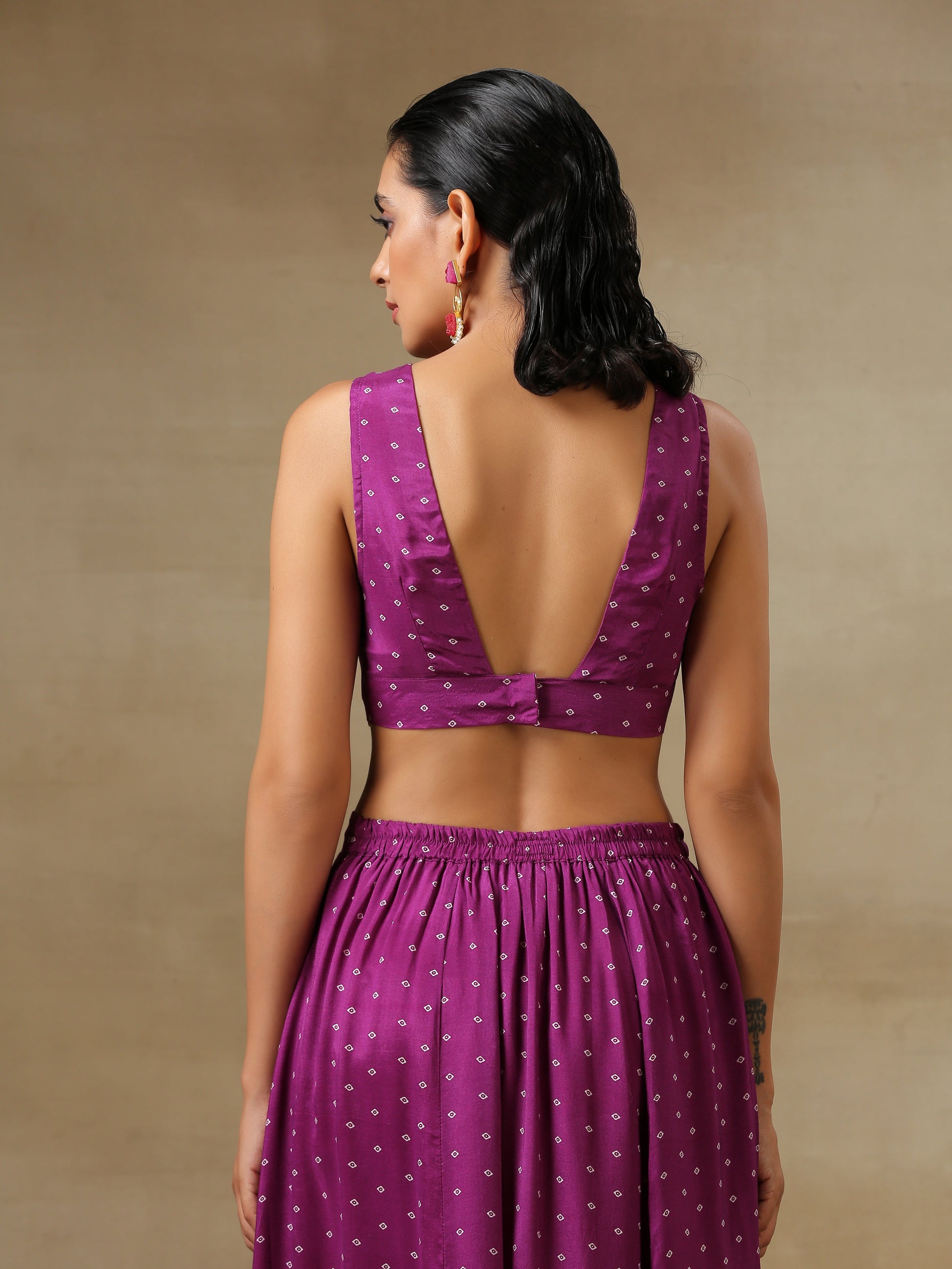 trueBrowns Purple Bandhani Printed Silk Top Skirt Jacket Set | Swadesiicart
