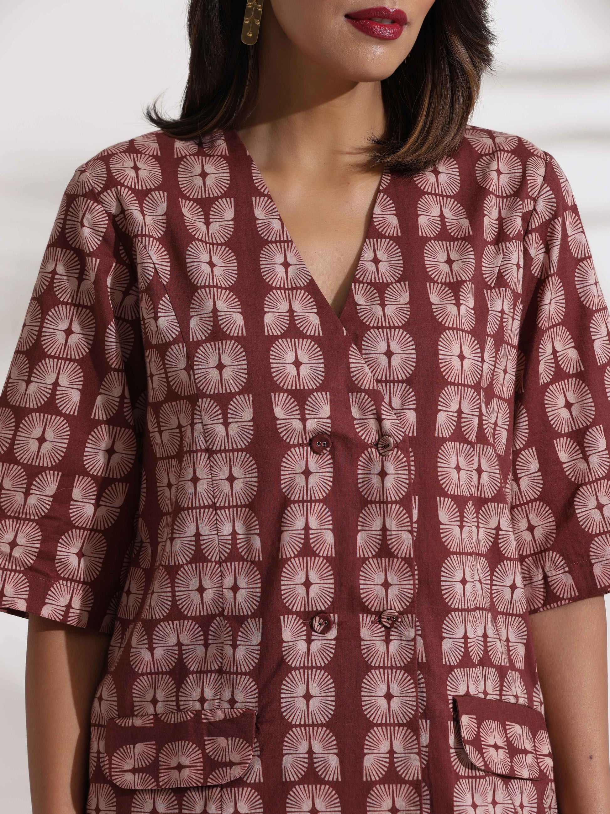 trueBrowns Brown Cotton Print Jacket Top & Short Co-ord Set - Swadesiicart