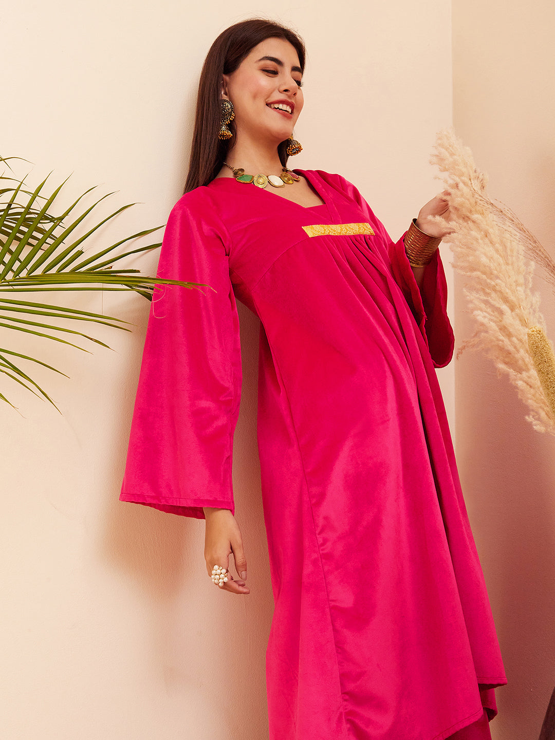 InWeave Women's Magenta V Neck Asymmetrical Pleated Velvet Kurta Set - Swadesiicart