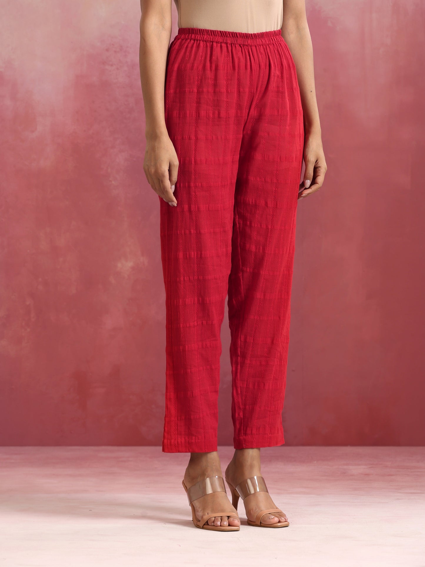 trueBrowns Red Cotton Dobby Flared Kurta Set | Swadesiicart