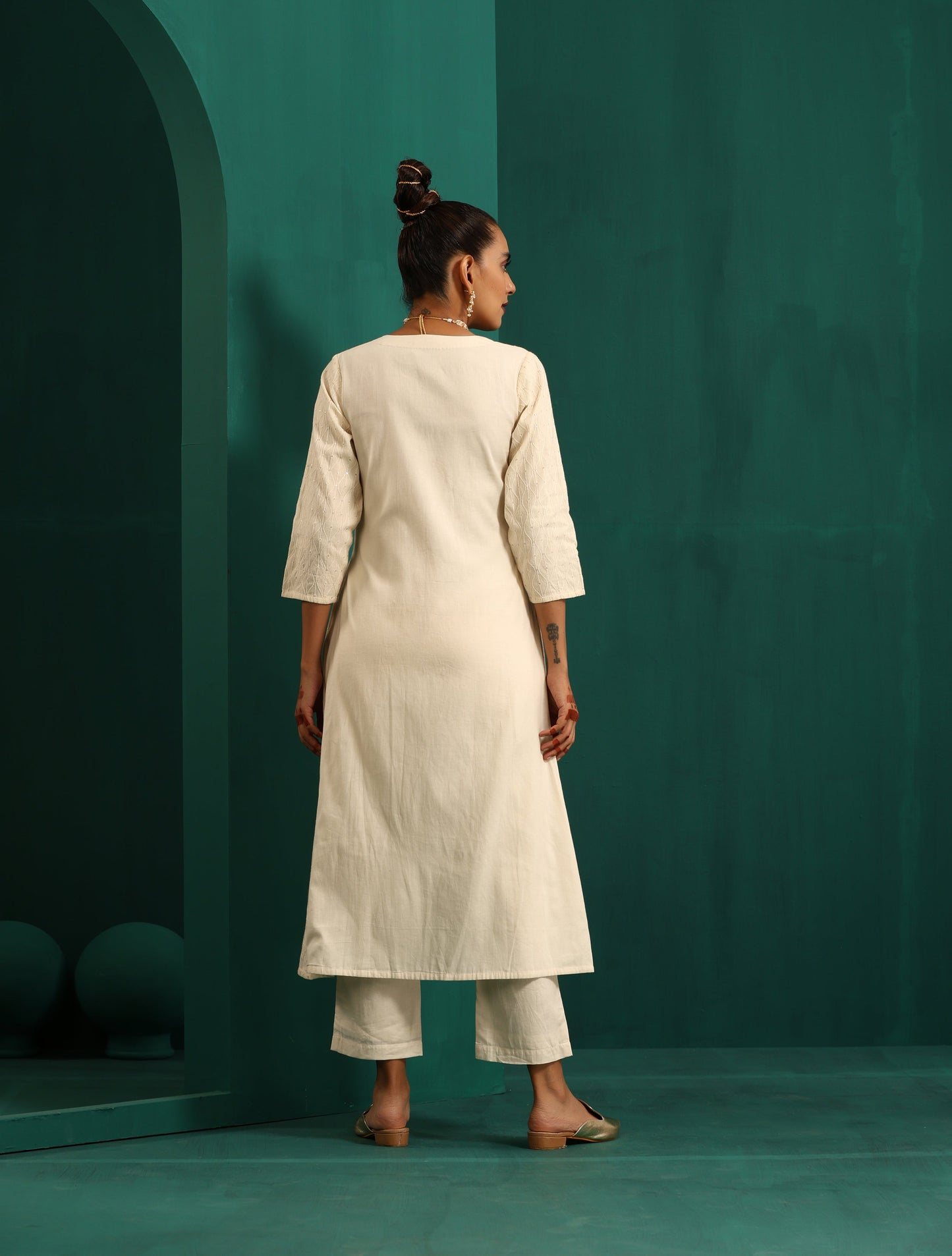 trueBrowns Ivory Tonal Cotton Angrakha Kurta Pant Set | Swadesiicart