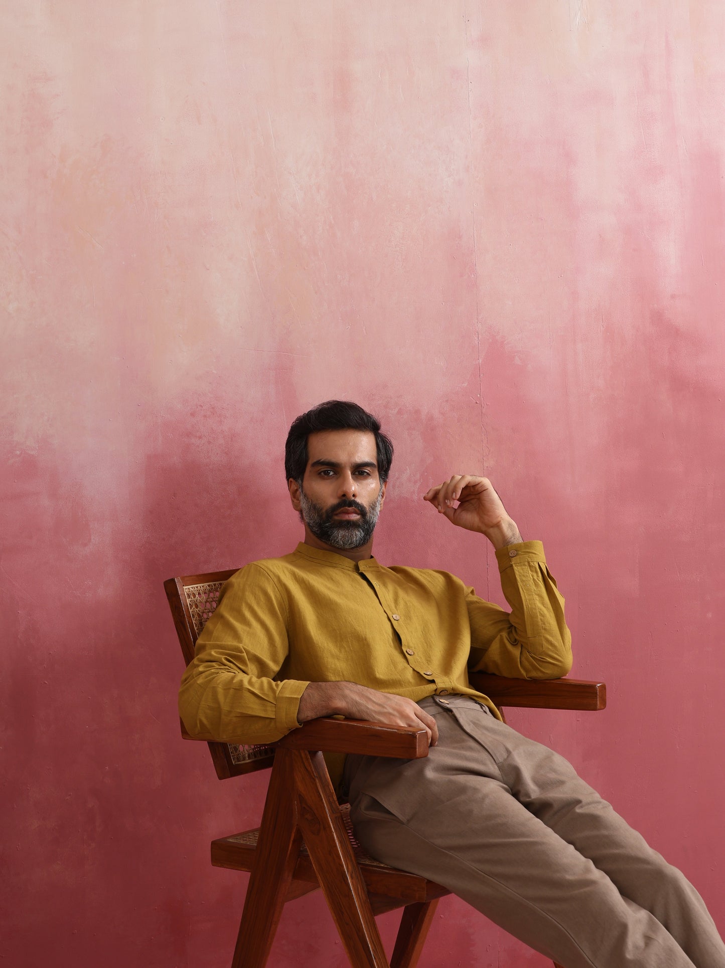 trueBrowns Men's Mustard Cotton Mandarin Collar Stylized Kurta | Swadesiicart