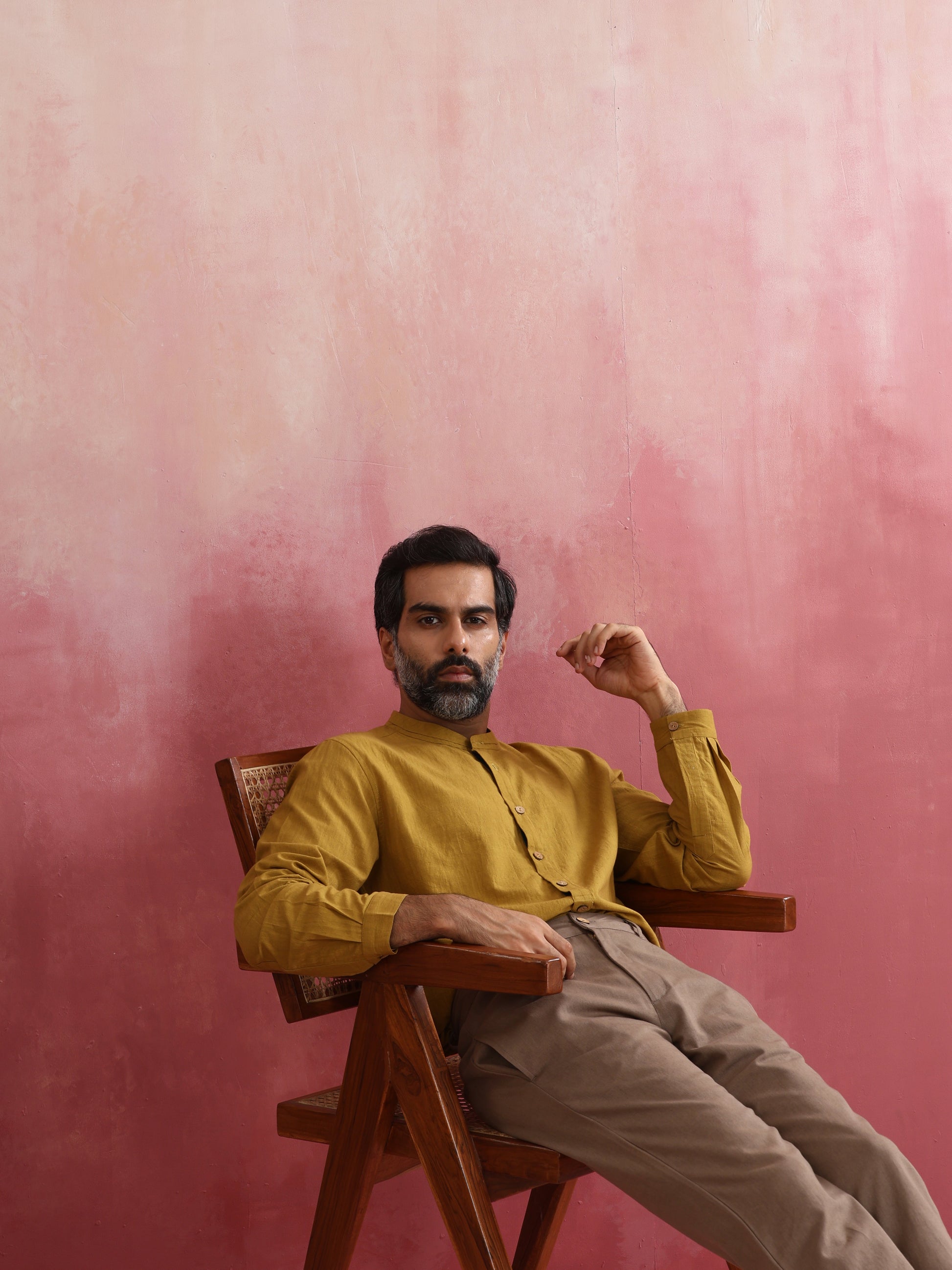 trueBrowns Men's Mustard Cotton Mandarin Collar Stylized Kurta | Swadesiicart