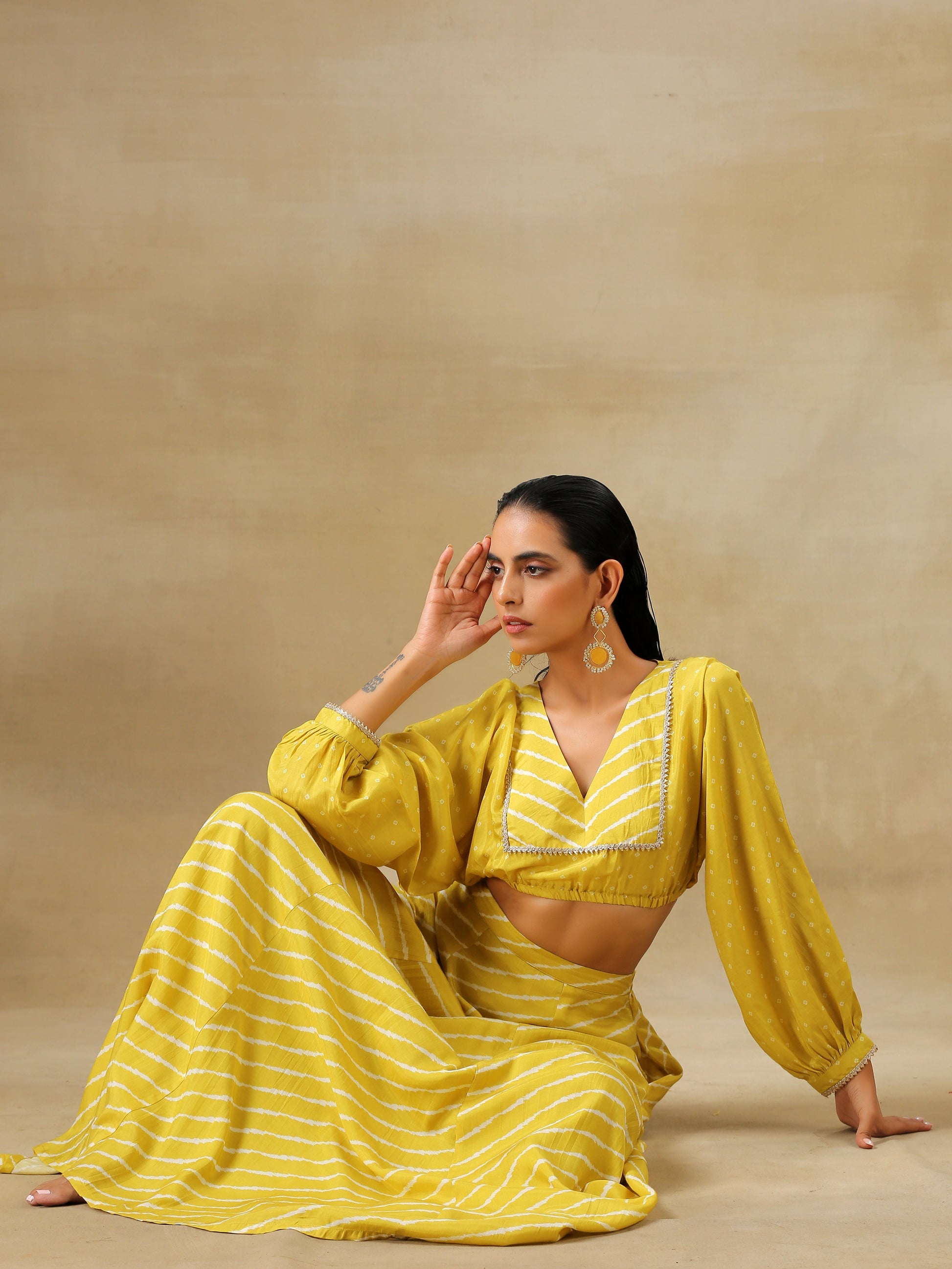 trueBrowns Lime Green Bandhani Printed Silk Top Skirt Set - Swadesiicart