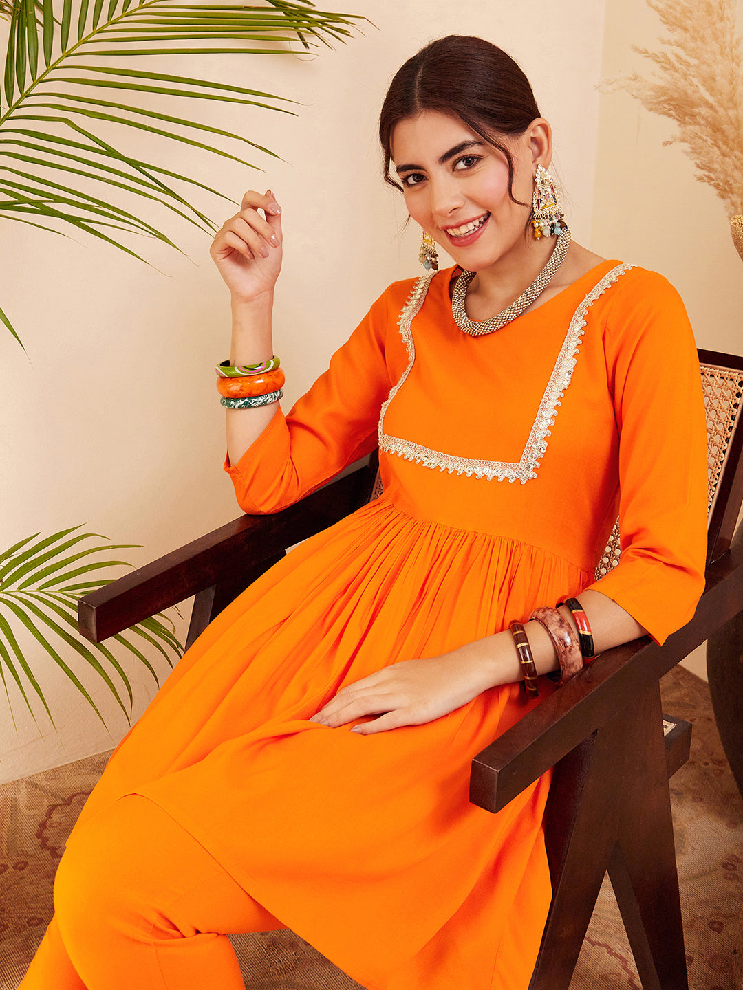 InWeave Women's Orange Round Neck Square Gota Work Kurta Pant Set - Swadesiicart
