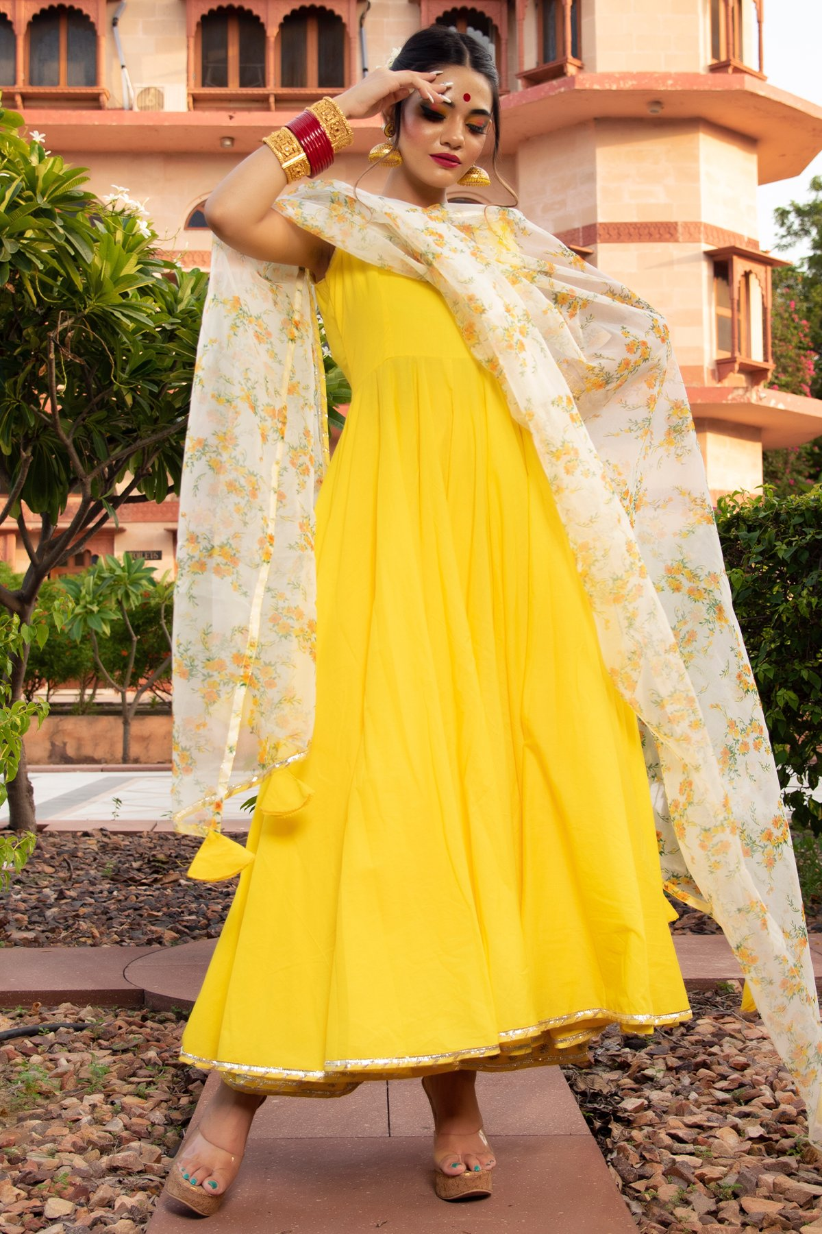 Pomcha Jaipur Yellow Berry Cotton Anarkali Set | Swadesiicart