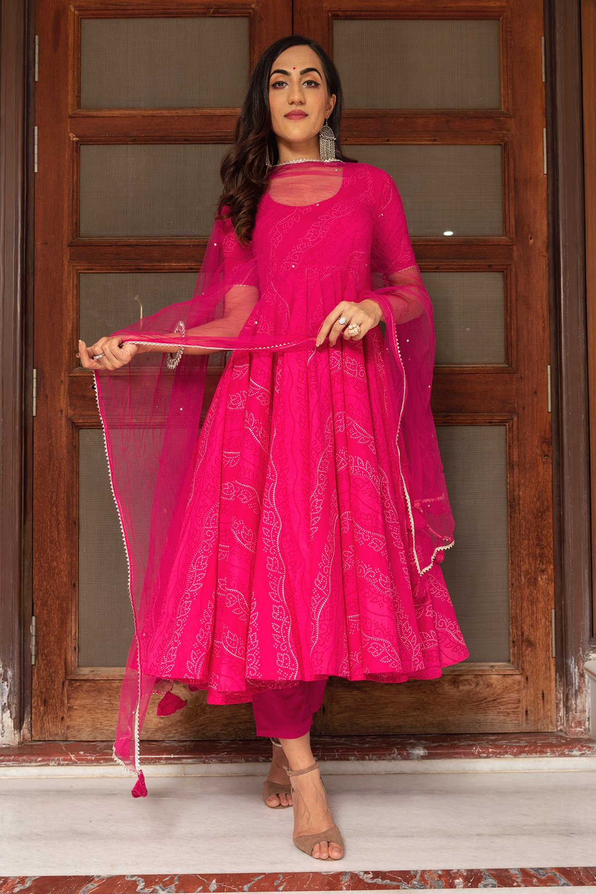 Pomcha Jaipur Bhandhej Pink Cotton Anarkali Set | Swadesiicart