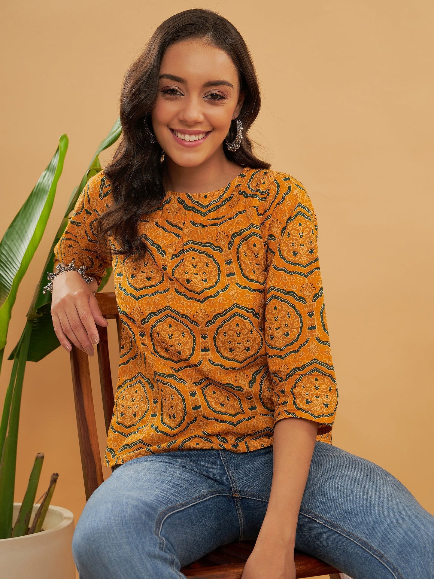 InWeave Women's Haldi Yellow Mughal Kalamkari Top - Swadesiicart