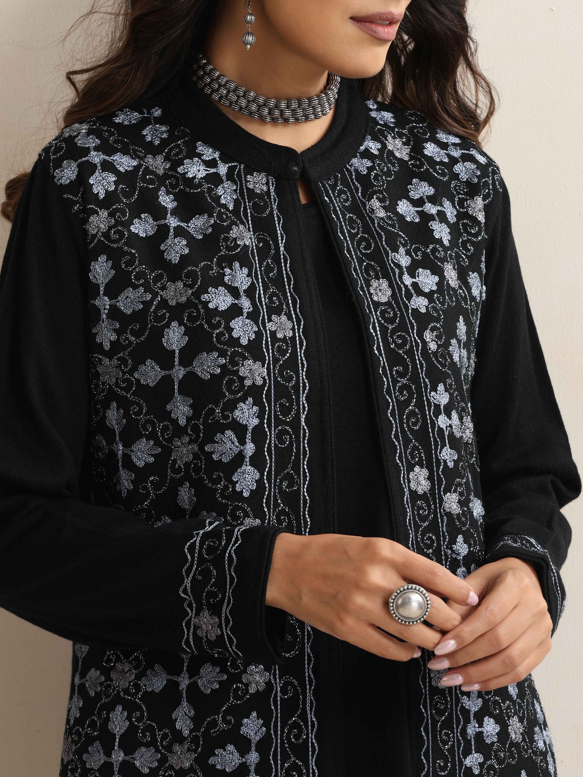 trueBrowns Black Kashmiri Woollen Jacket 3pc Set | Swadesiicart