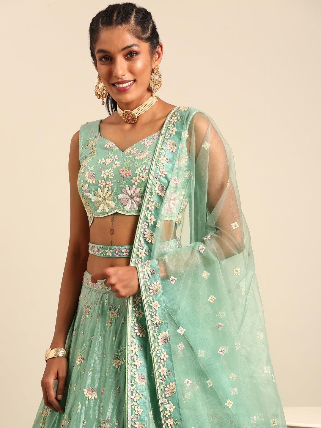 House of Panchhi Sea Green Georgette heavy Sequinse embroidery Lehenga choli & Dupatta | Swadesiicart