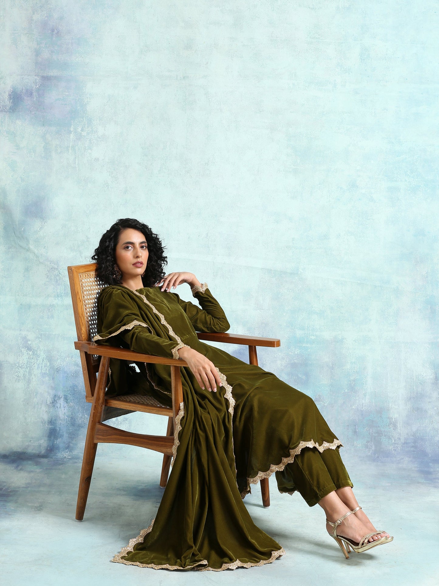 trueBrowns Mehandi Velvet Anarkali Kurta | Swadesiicart