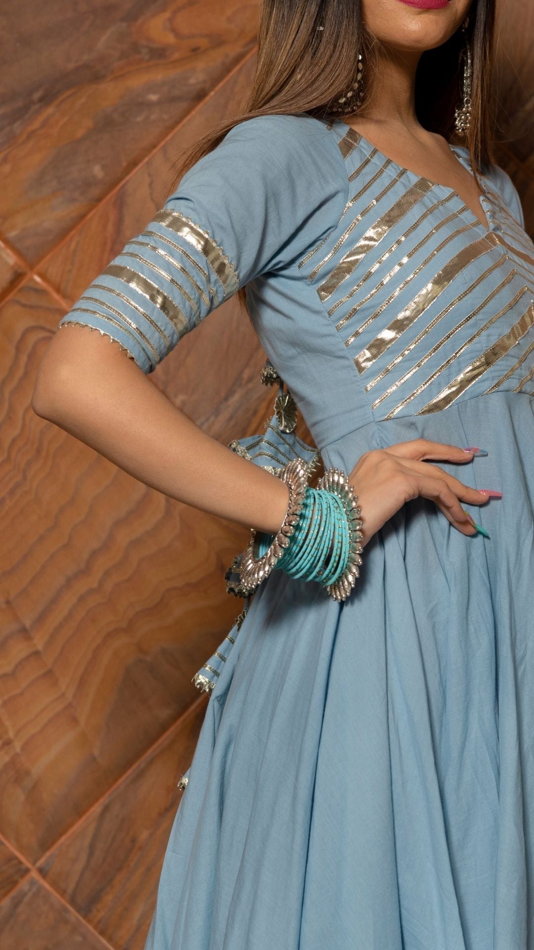 Pomcha Jaipur Powder Blue Pure Cotton Anarkali Set | Swadesiicart