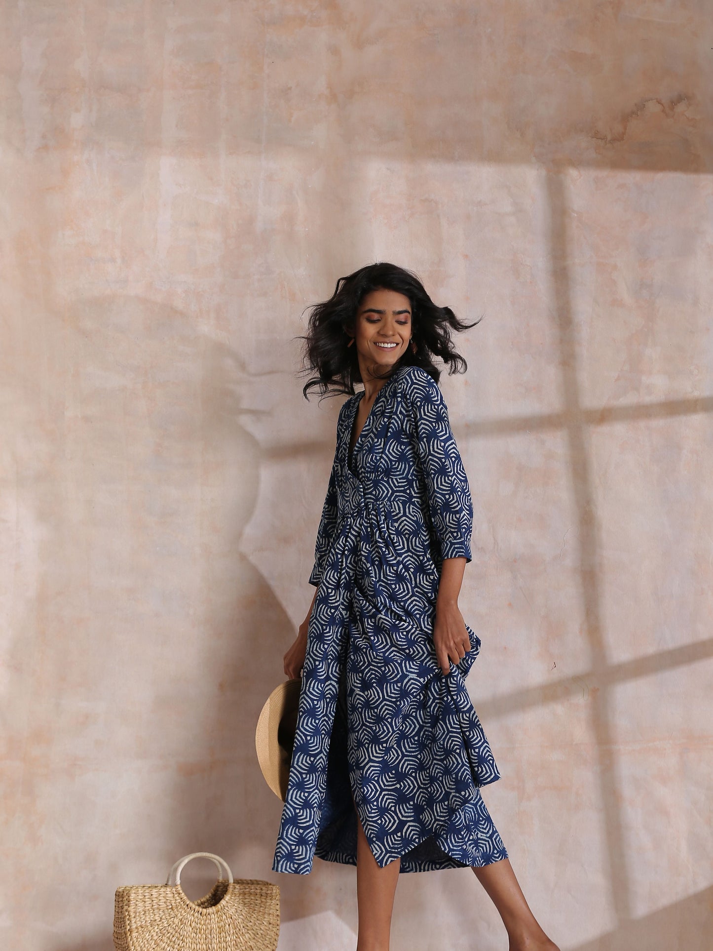 trueBrowns Indigo Dabu Overall Print Cotton Wrap Dress | Swadesiicart