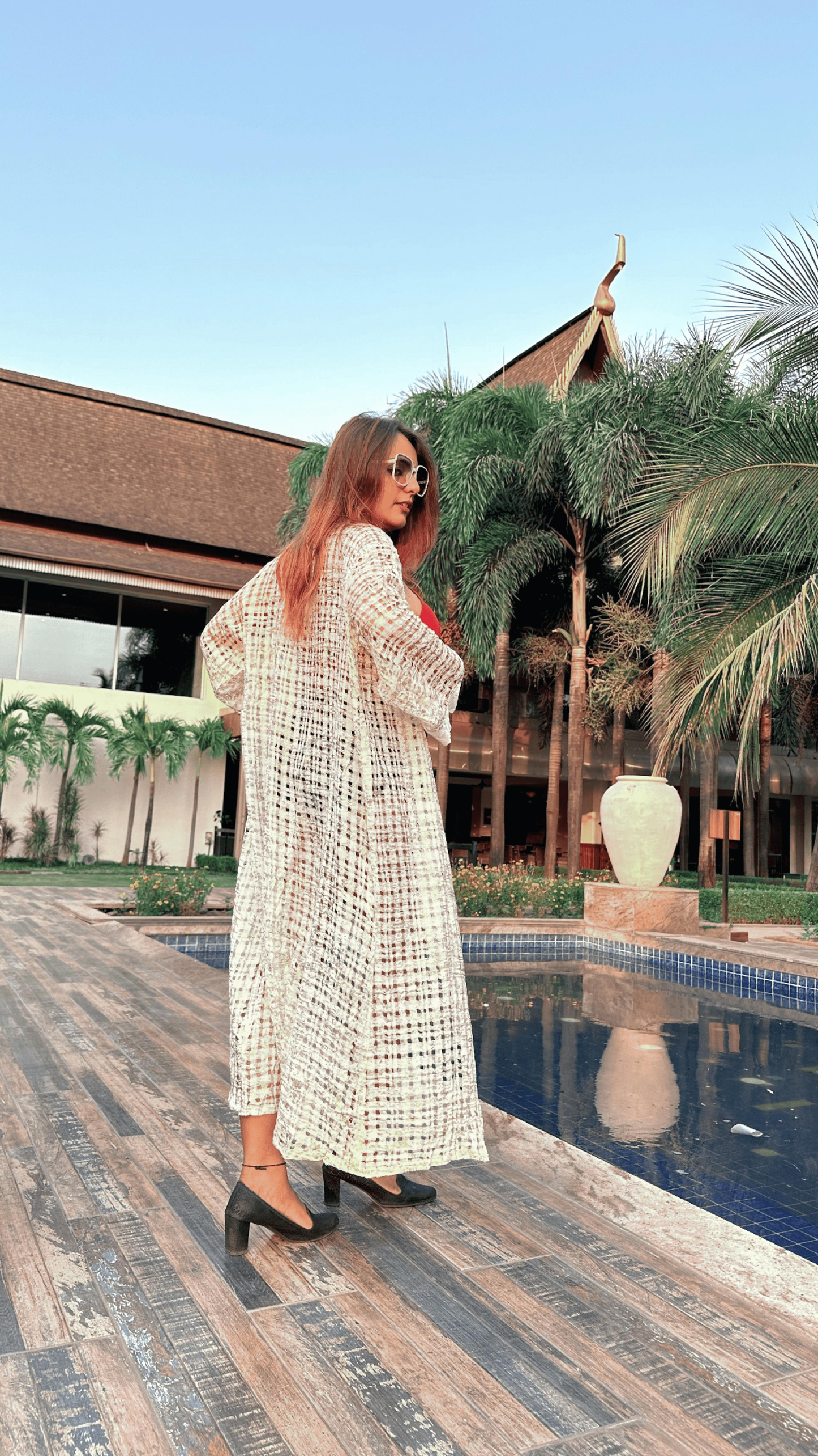 Noroke Sustainable fabric | Handloom checks Classic Gold Checks Cover Up Kaftan - Off White Gold | Swadesiicart