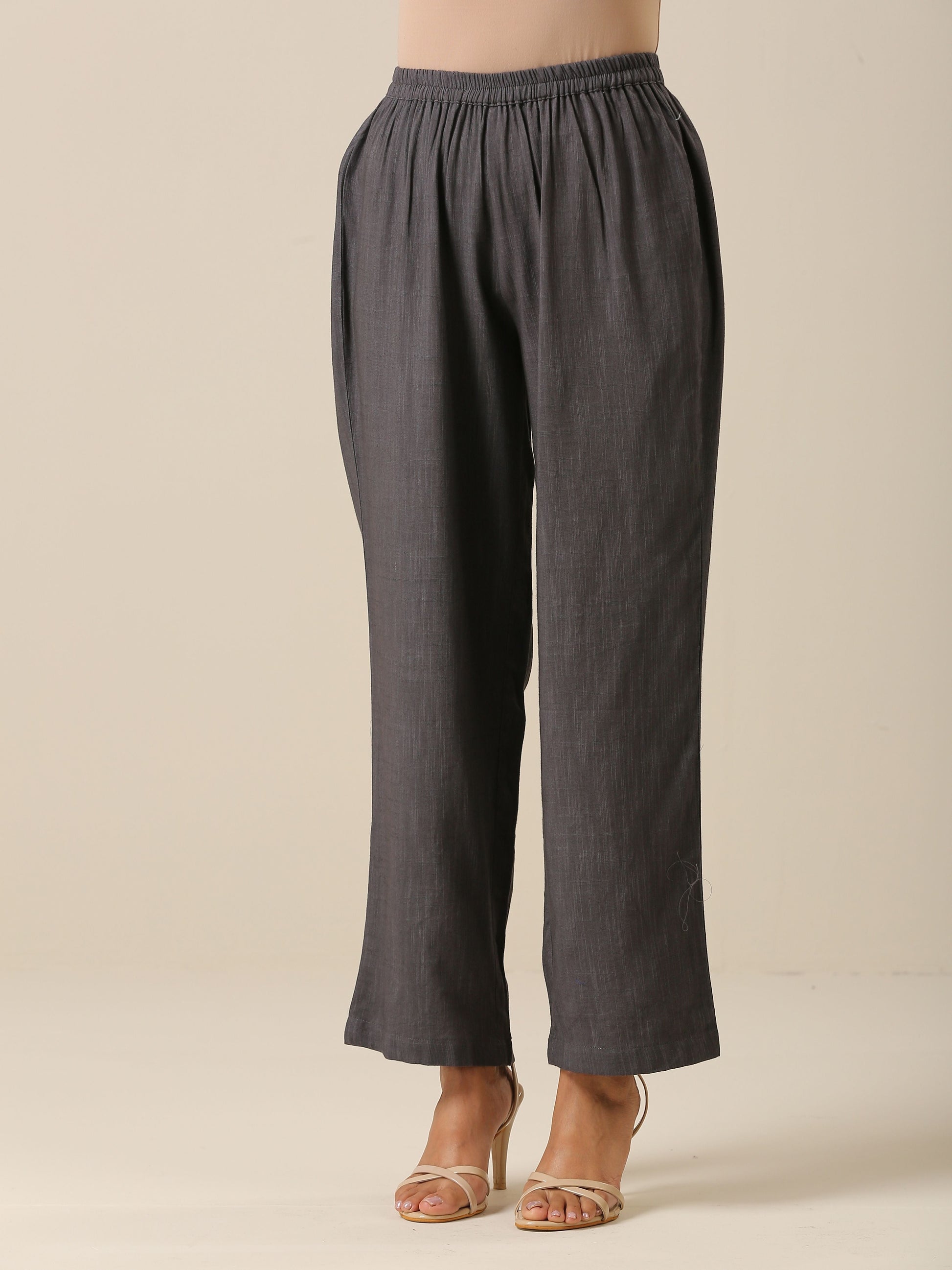 trueBrowns Slate Grey Slub Texture Overlap Pleat Kurta Pant Set | Swadesiicart