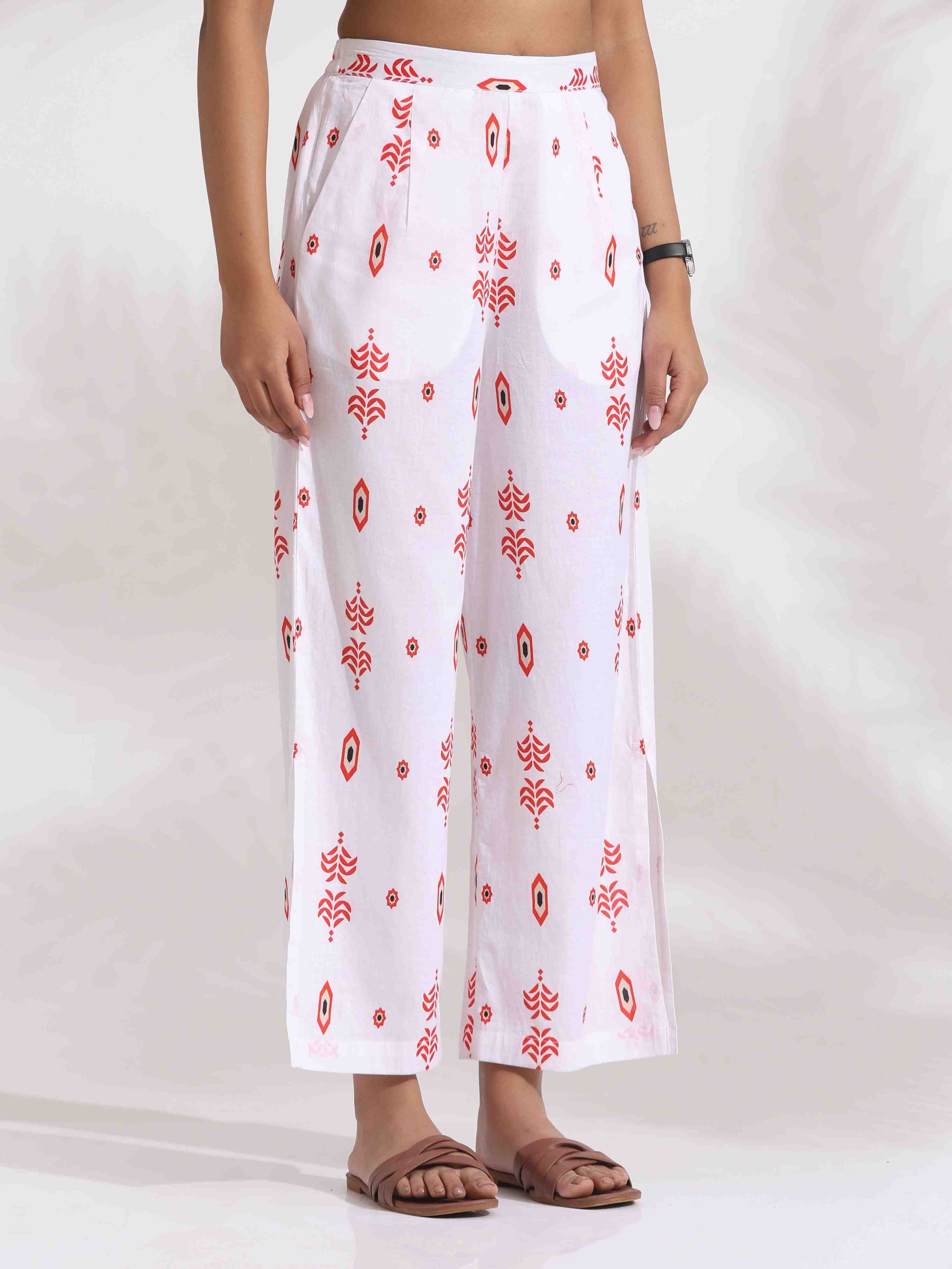 trueBrowns White Cotton Print Tie-up Top & Pants Co-ord Set - Swadesiicart