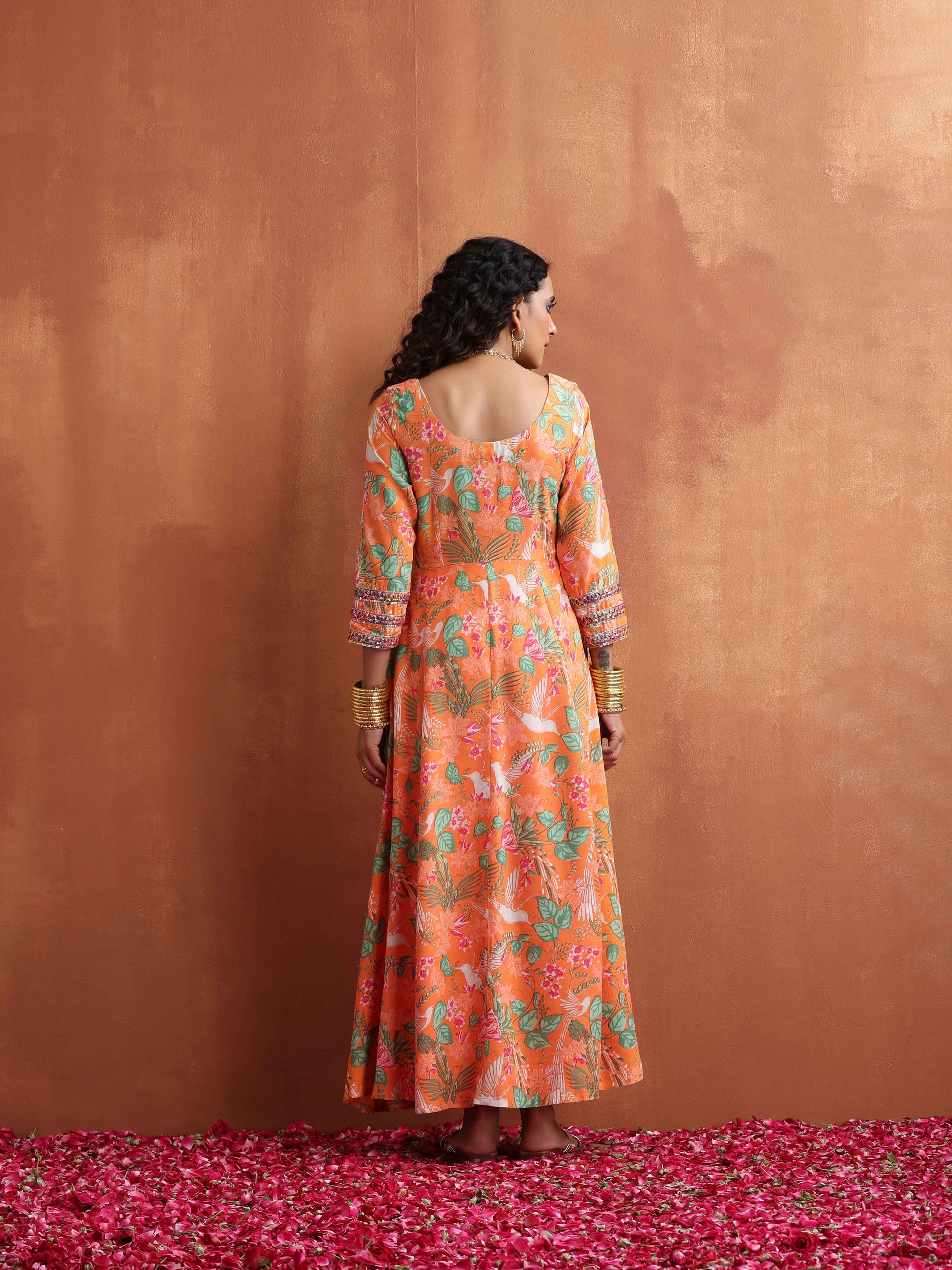 trueBrowns Orange Print Flared Anarkali Kurta Set | Swadesiicart