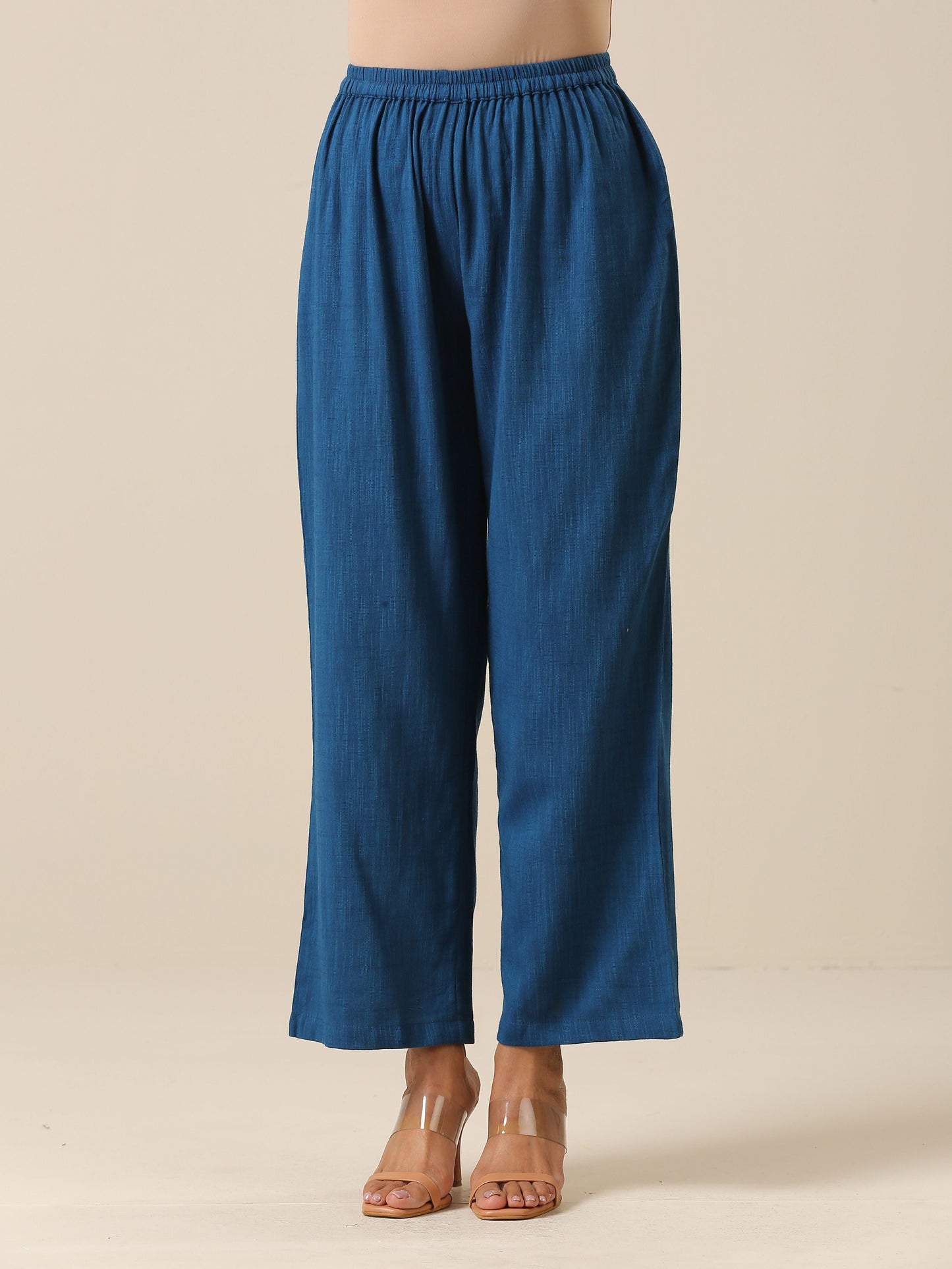 trueBrowns Classic Blue Slub Texture Overlap Pleat Kurta Pant Set | Swadesiicart
