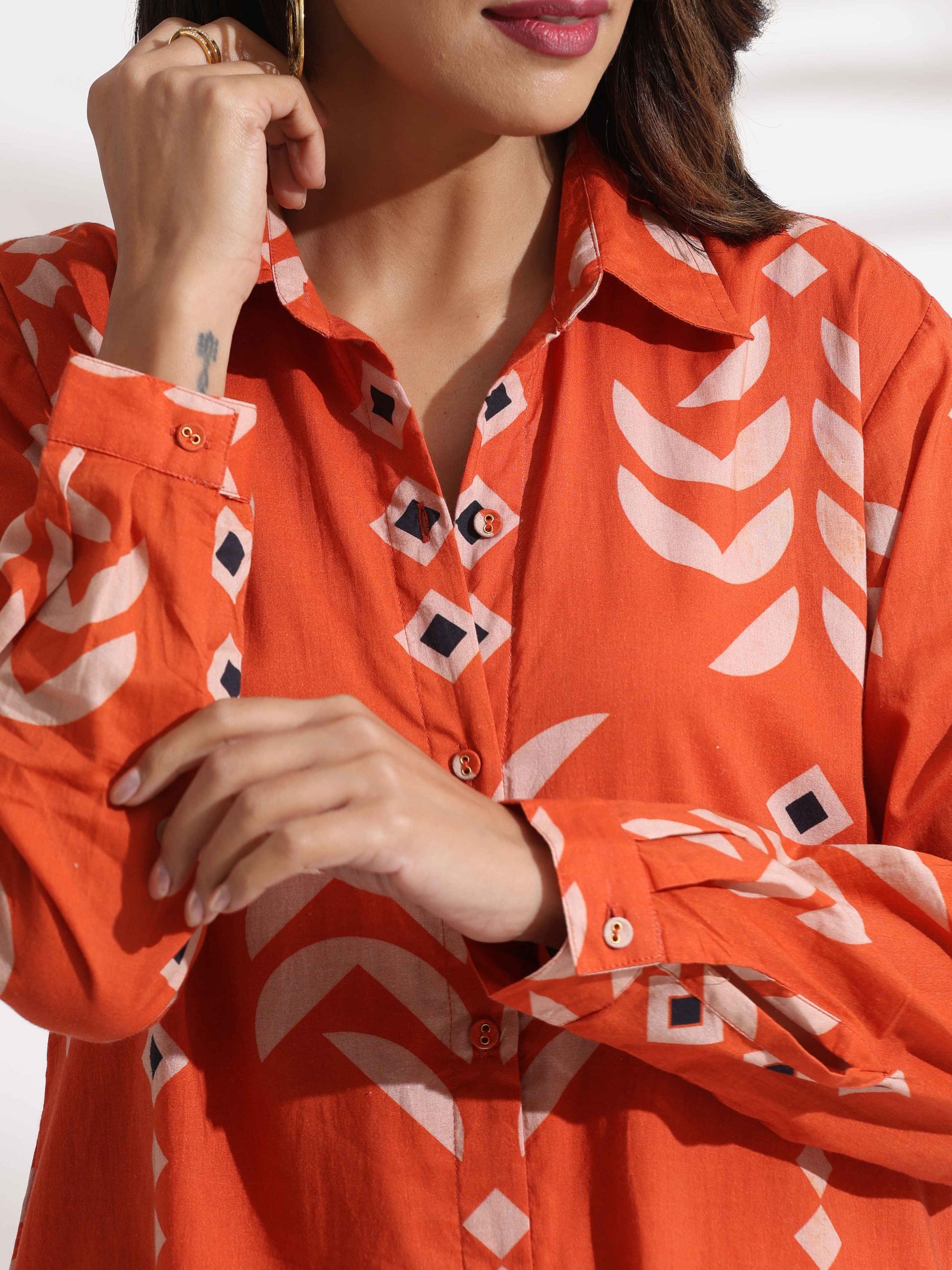trueBrowns Orange Cotton Print Shirt Dress | Swadesiicart