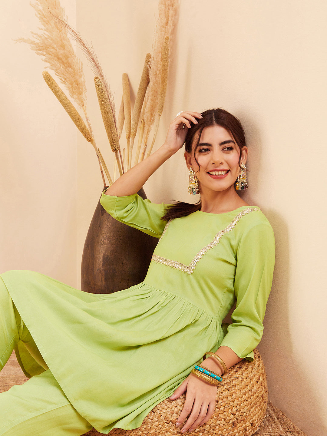 InWeave Women's Pear Green Round Neck Square Gota Work Kurta Pant Set - Swadesiicart