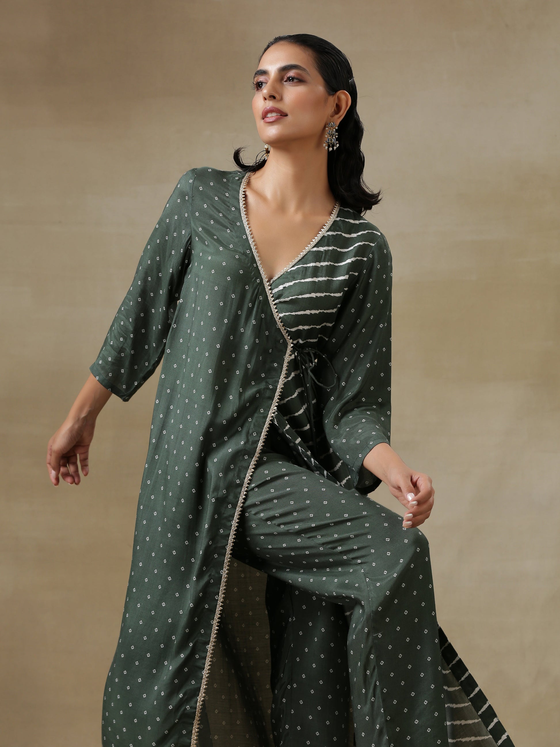 trueBrowns Dark Green Bandhani Printed Silk Angrakha Kurta Pant Set | Swadesiicart