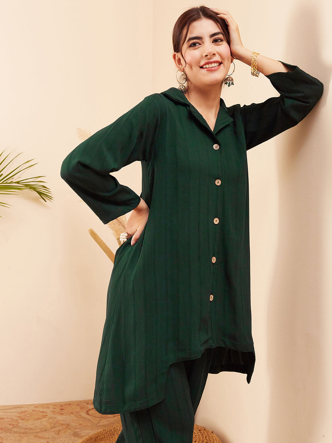 InWeave Women's Forest Green Collared Front Button Blazer Kurta Pant Set - Swadesiicart
