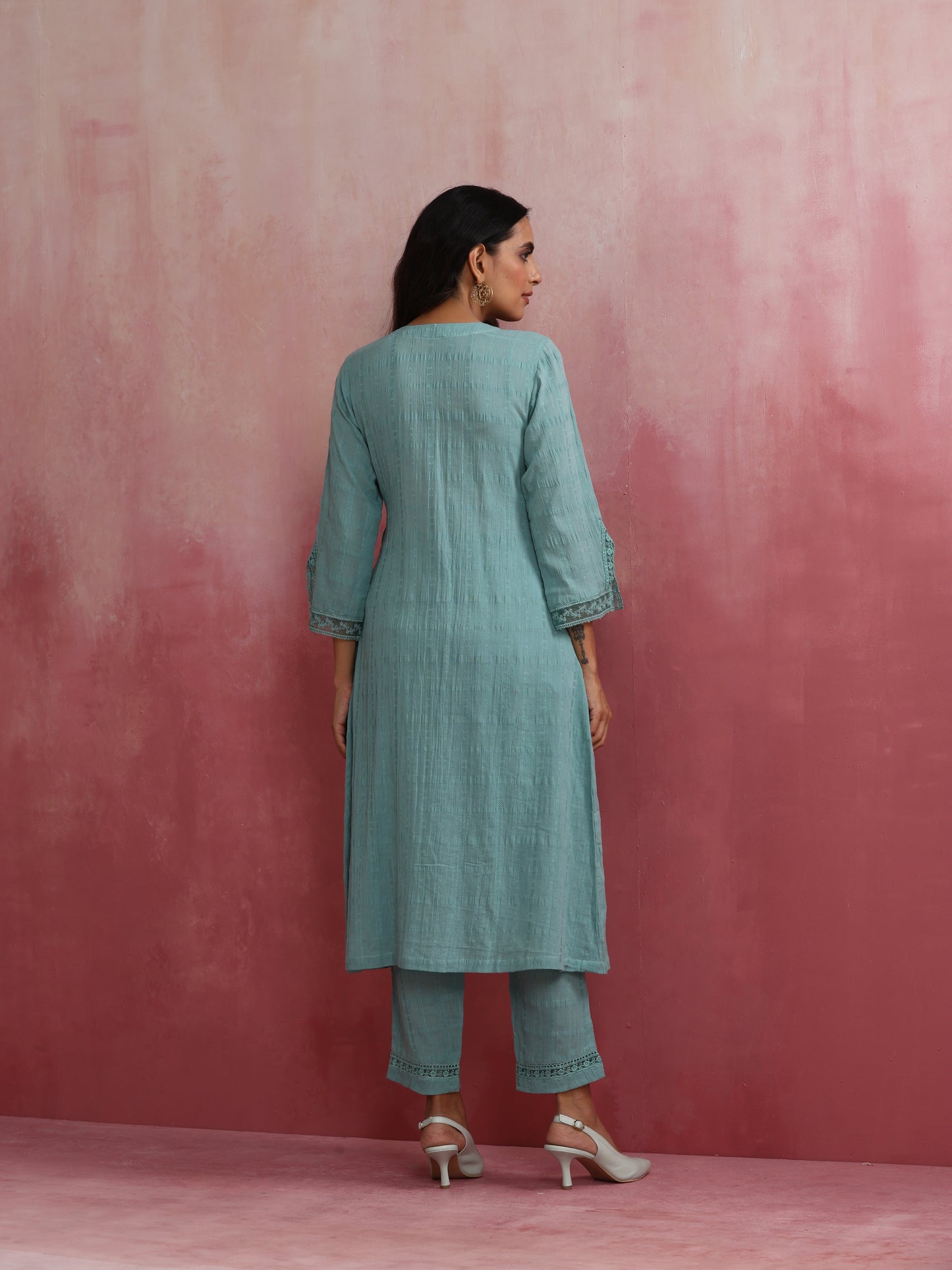 trueBrowns Aqua Blue Cotton Dobby Angrakha Kurta Set | Swadesiicart