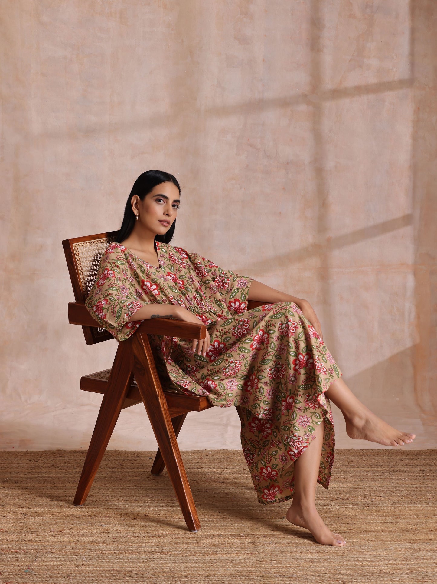 trueBrowns Beige Overall Big Floral Block Print Cotton Kaftan Dress | Swadesiicart