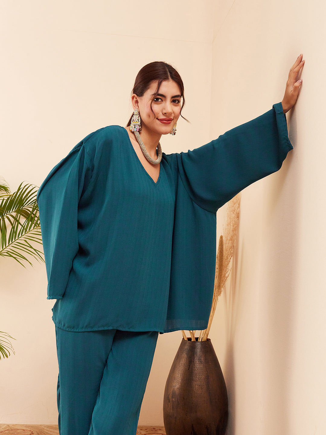 InWeave Women's Dark Ocean Full Sleeve Boho Top Bottom Set - Swadesiicart