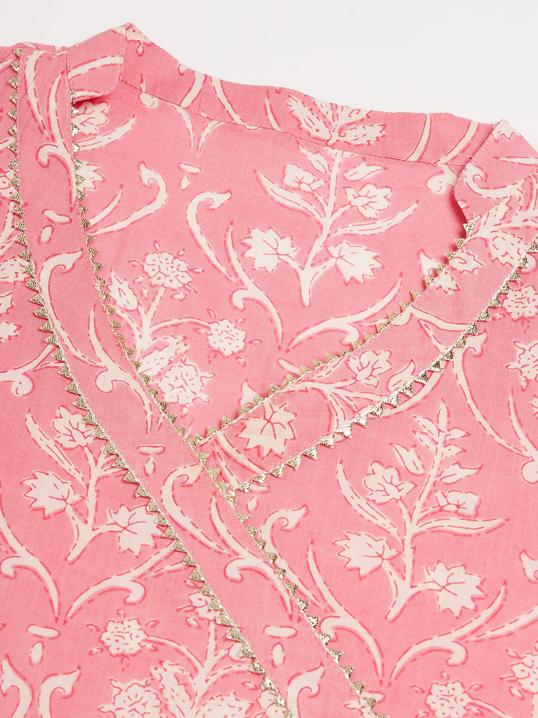 InWeave Women's Light Pink Floral Print Straight Angrakha Gota Kurta - Swadesiicart