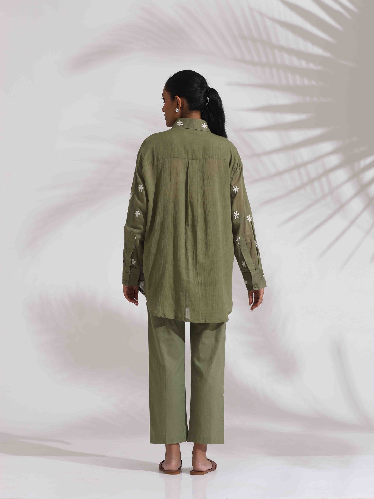 trueBrowns Olive Green Cotton Floral Embroidered Co-ord Set - Swadesiicart