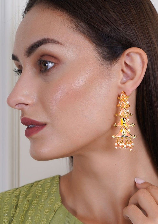 New Partywear Orange Raja Rani Meenakari Drop Earrings for Womens by House of Ree | Swadesiicart