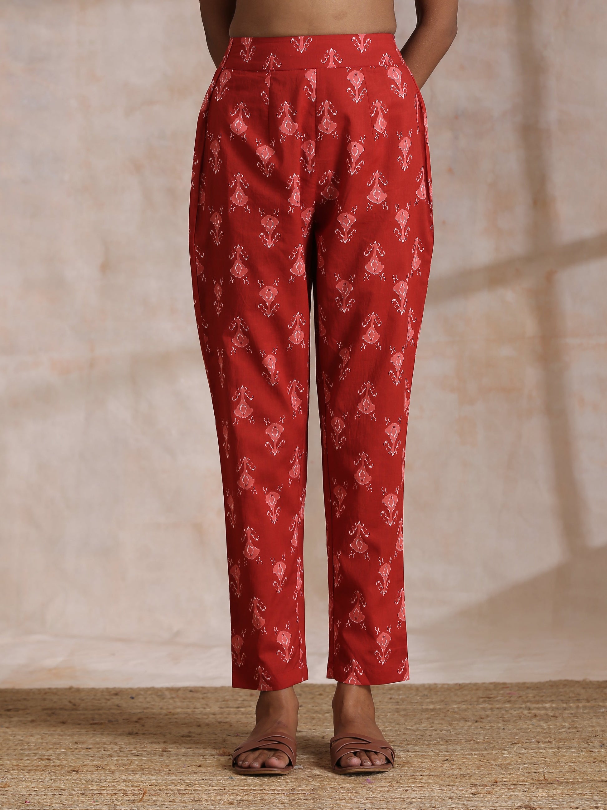 trueBrowns Red On Red Ikat Print Cotton Pant Suit Set | Swadesiicart