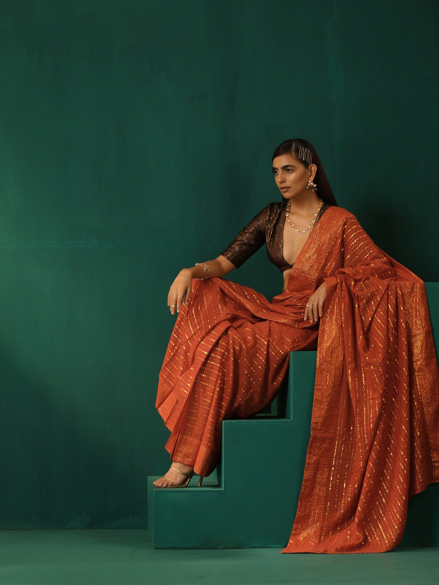 trueBrowns Rust Cotton Gold Lurex Striped Ready to Wear Saree | Swadesiicart