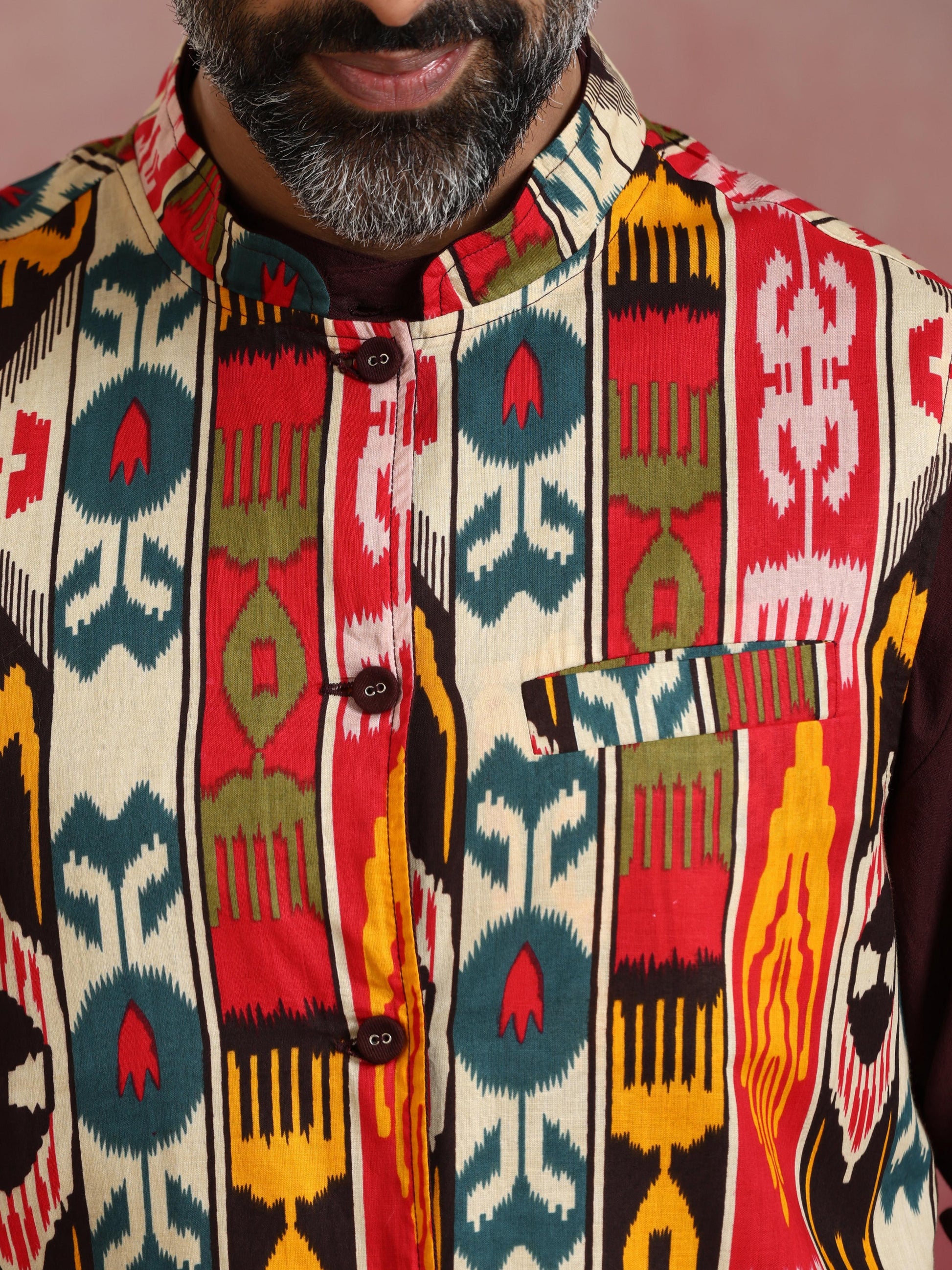 trueBrowns Men's Cola Ikat Print Cotton Reversible Nehru Jacket | Swadesiicart