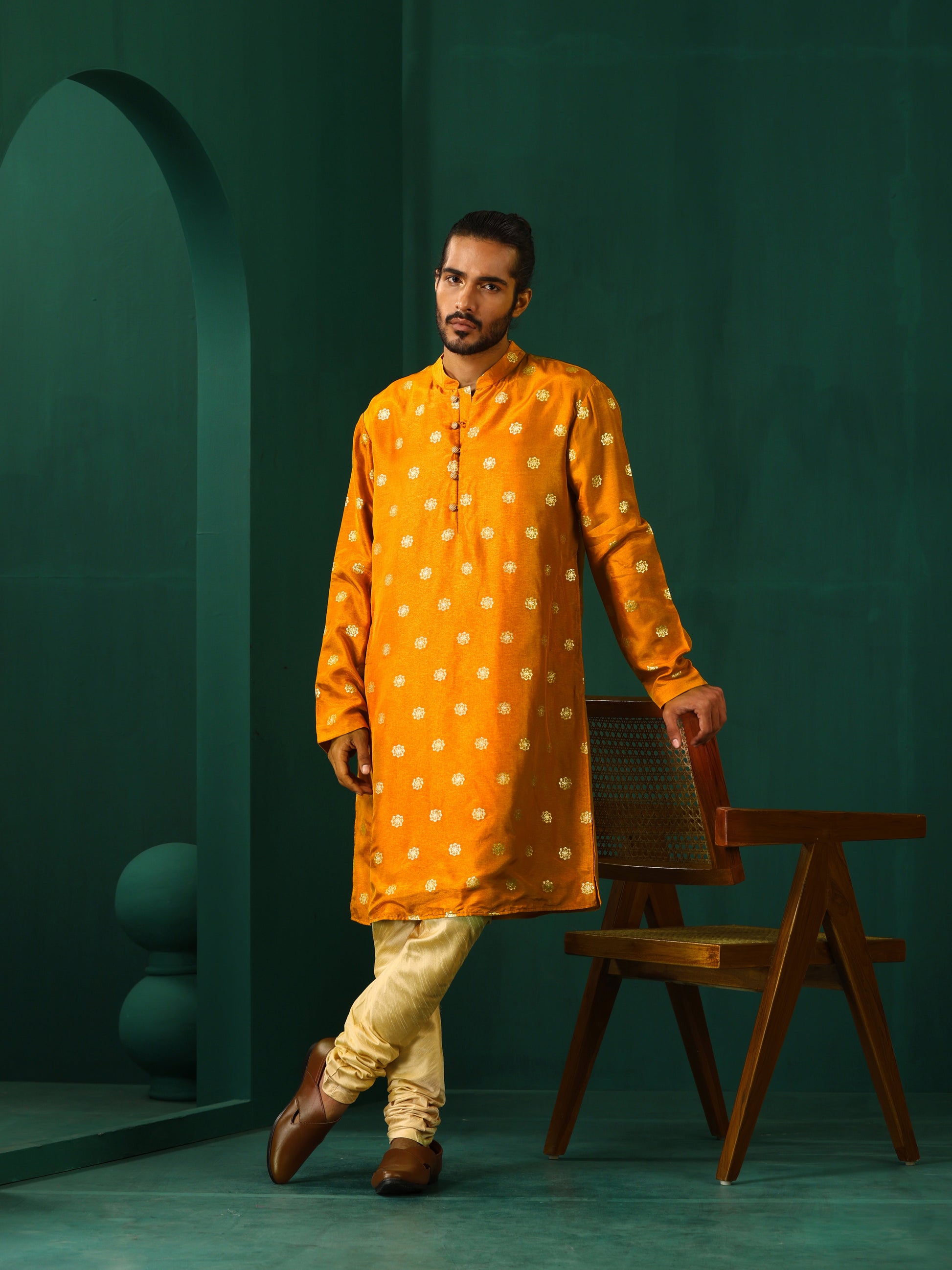 trueBrowns Men's Mustard Geometric Floral Viscose Silk Long Kurta | Swadesiicart