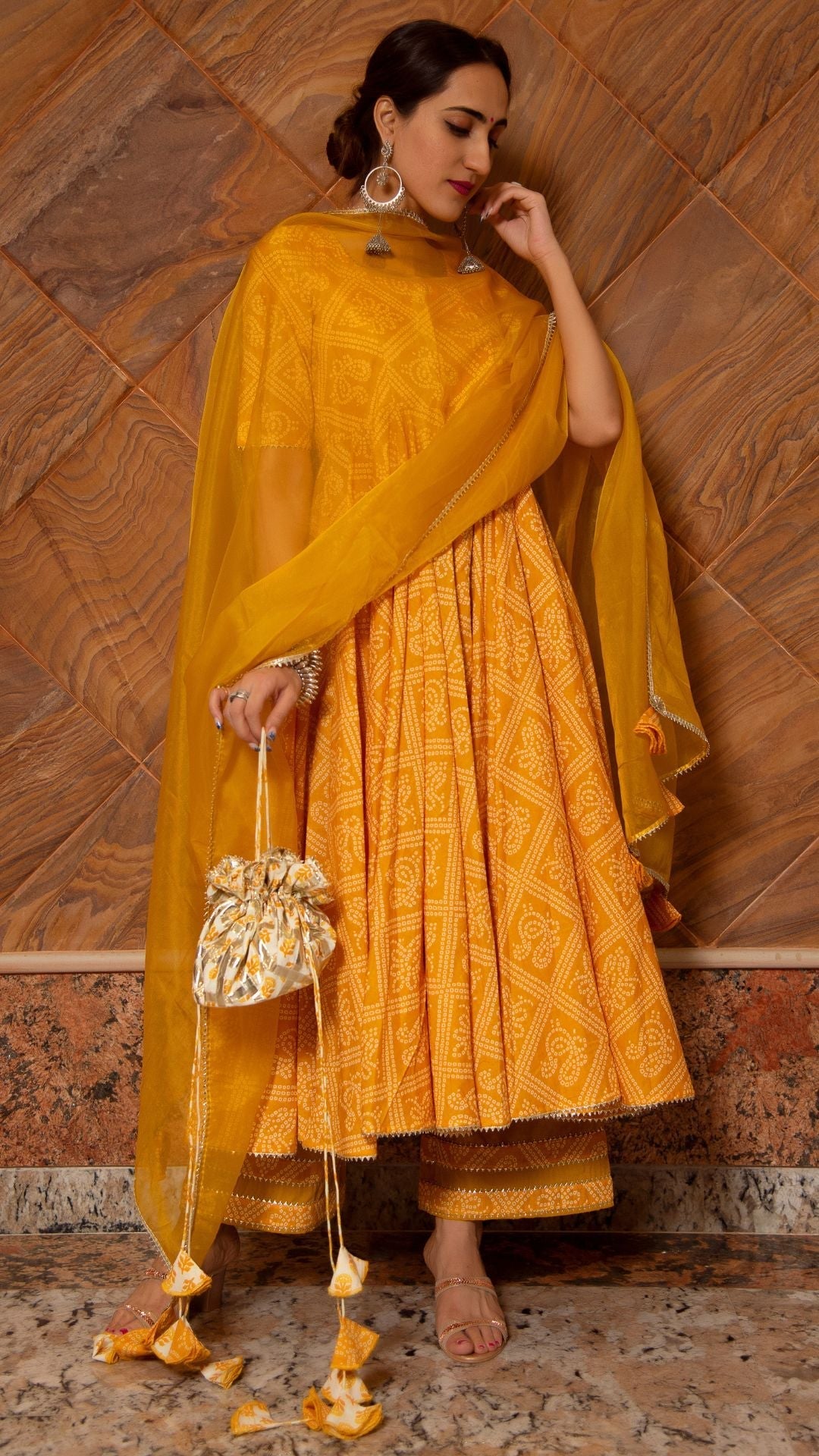 Pomcha Jaipur Bandhej Yellow Cotton Anarkali Set | Swadesiicart