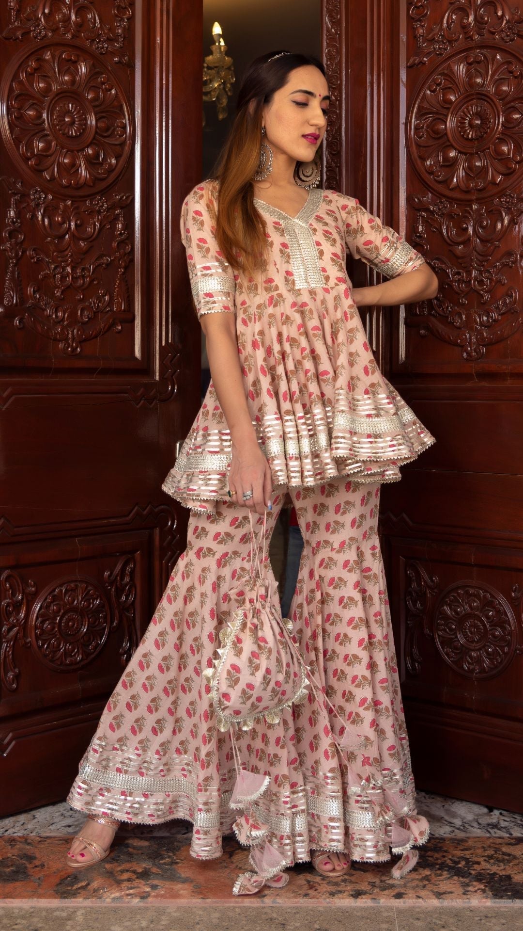 Pomcha Jaipur Peach Hand Block Cotton Sharara Set | Swadesiicart